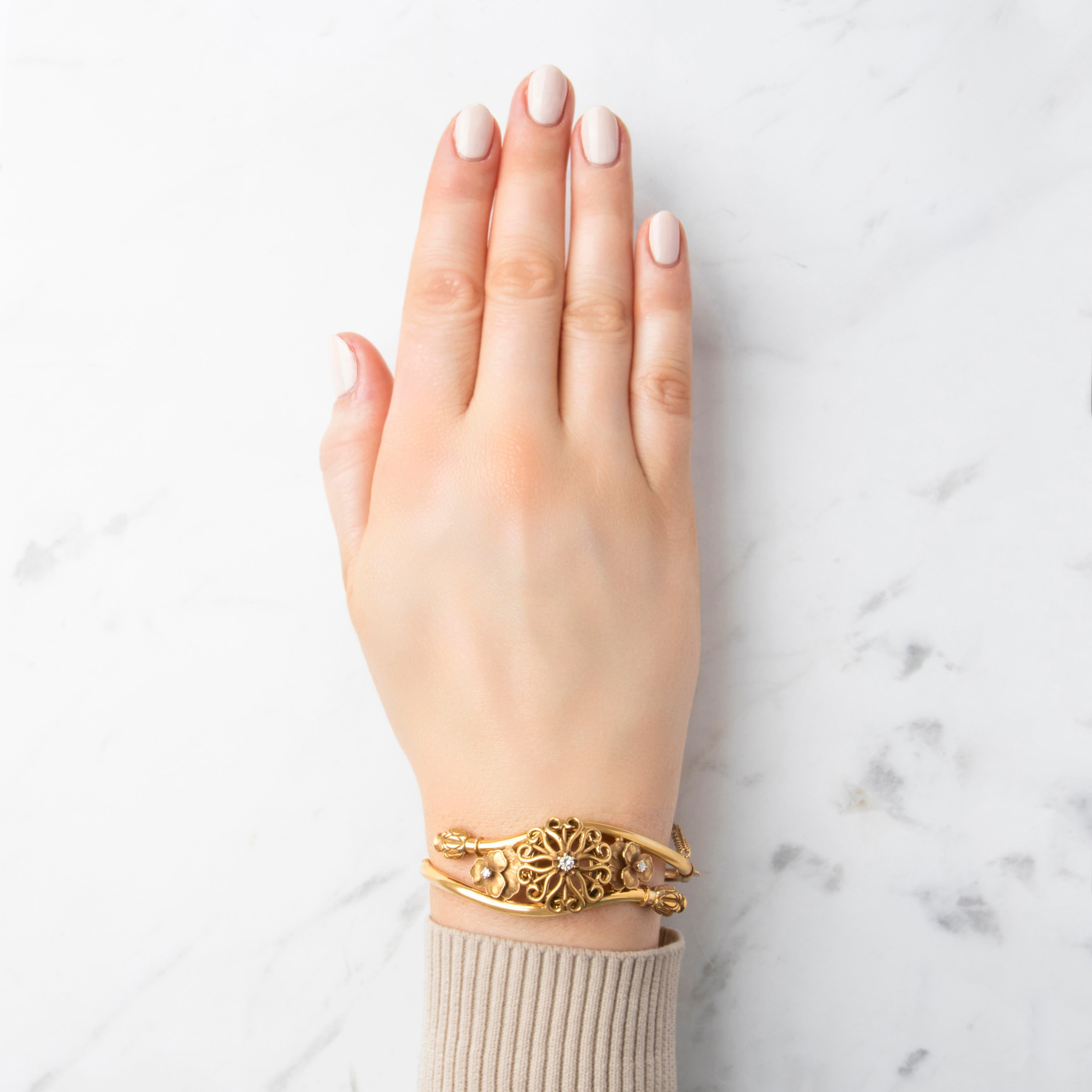 Vintage 14k Yellow Gold Diamond Floral Bracelet - On model view
