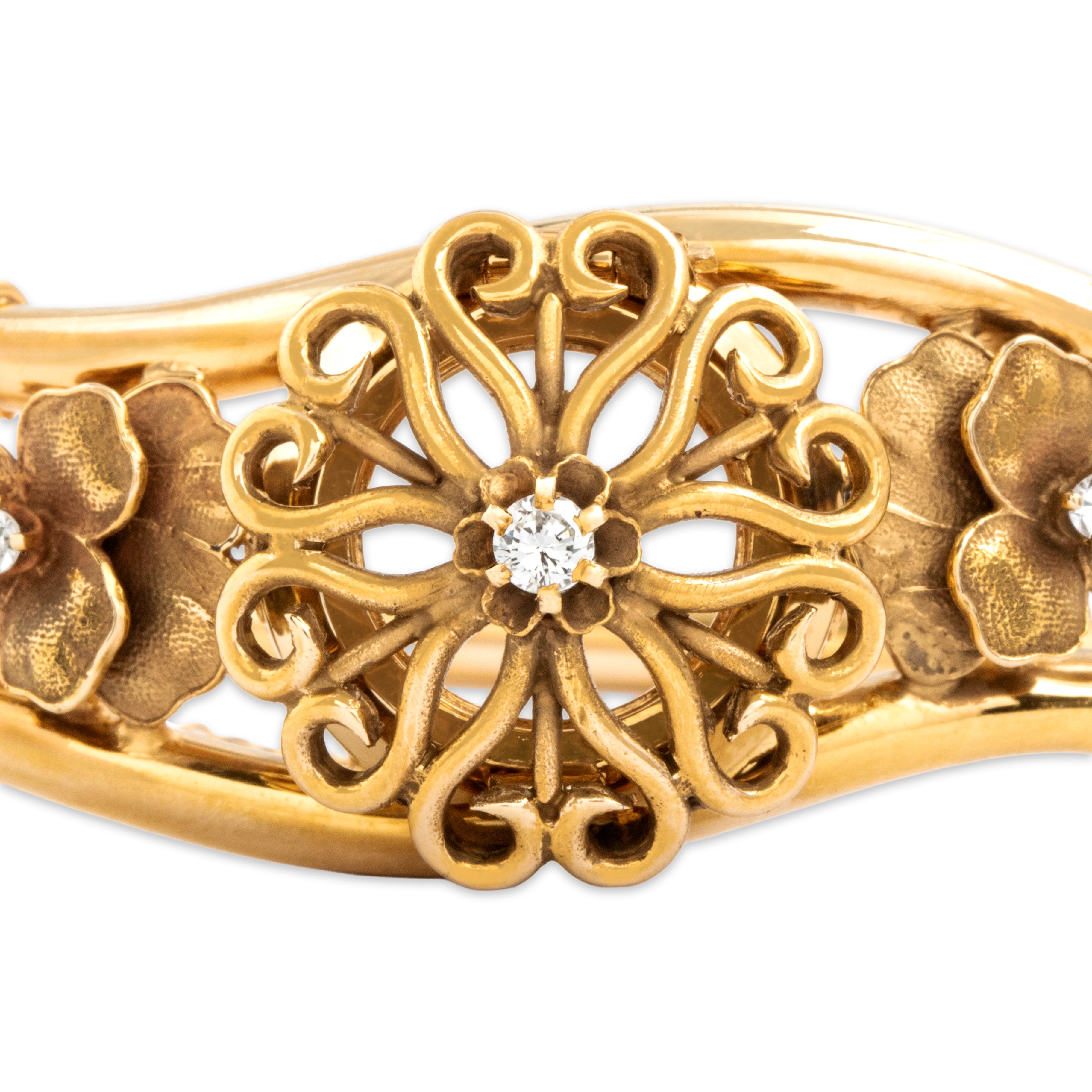 Vintage 14k Yellow Gold Diamond Floral Bracelet - detail view #1