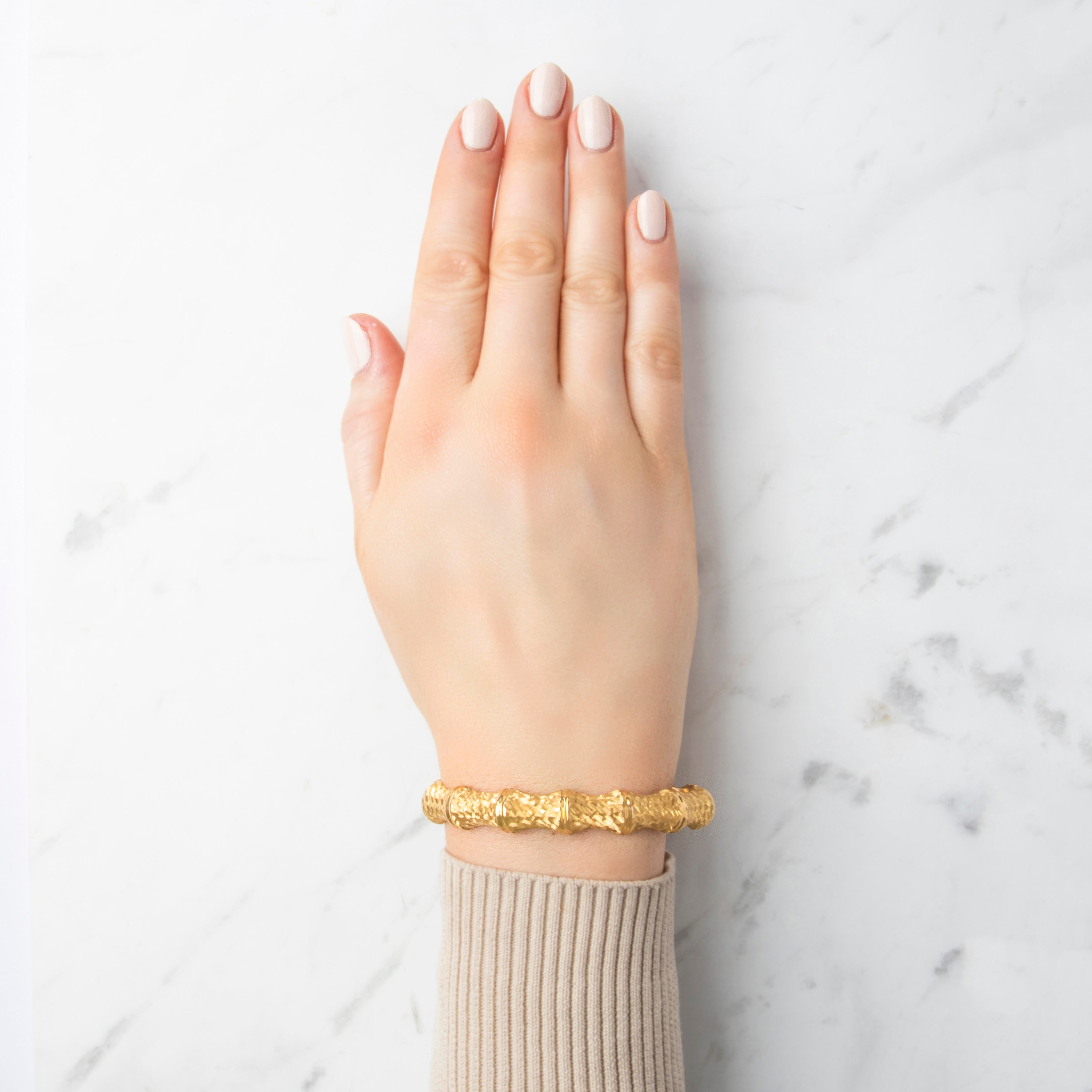 Vintage Italian Bold Textured Bamboo Bracelet 14k Yellow Gold - On model view