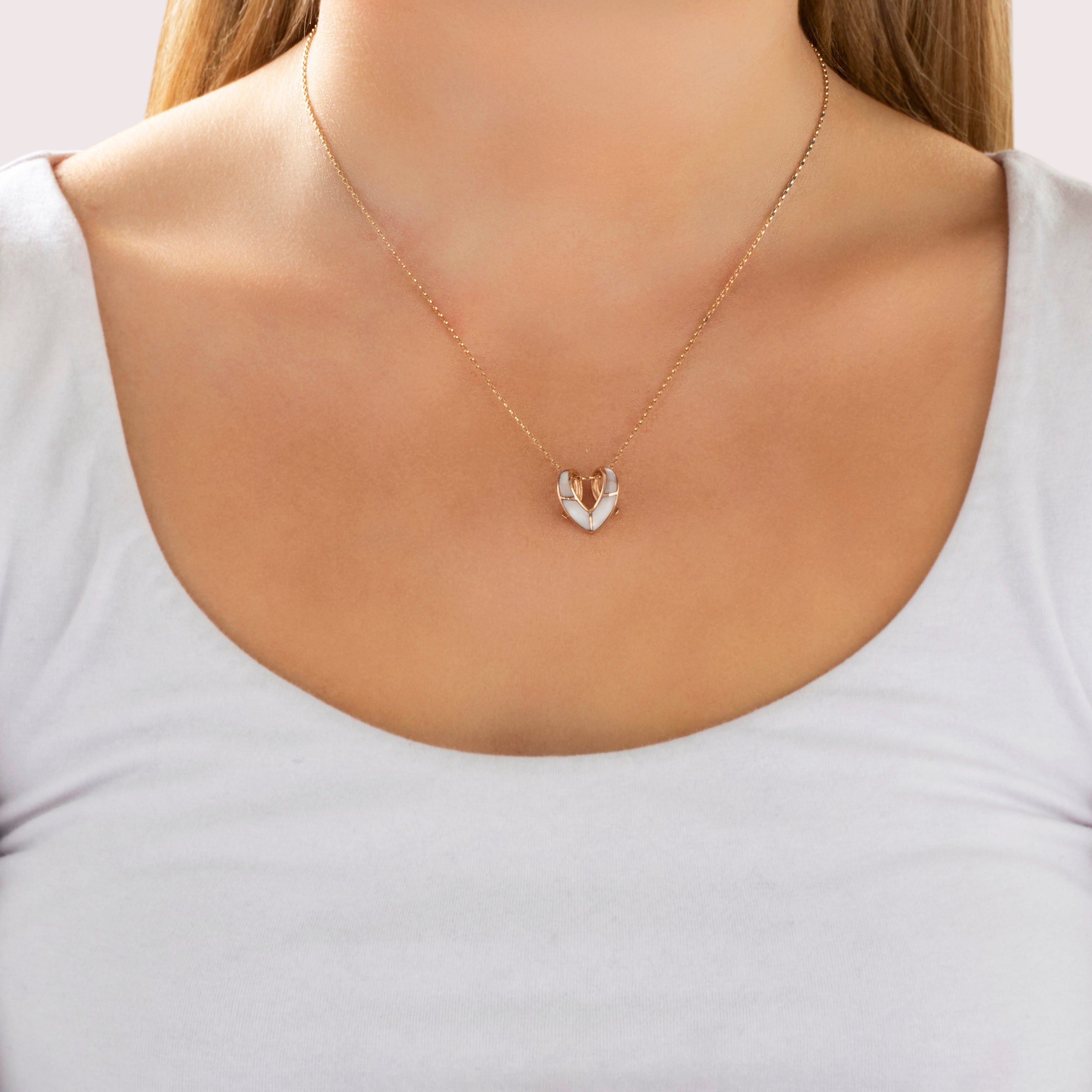 Vintage 14k Rose Gold Mother Of Pearl V-Shaped Inlay Pendant - On model view