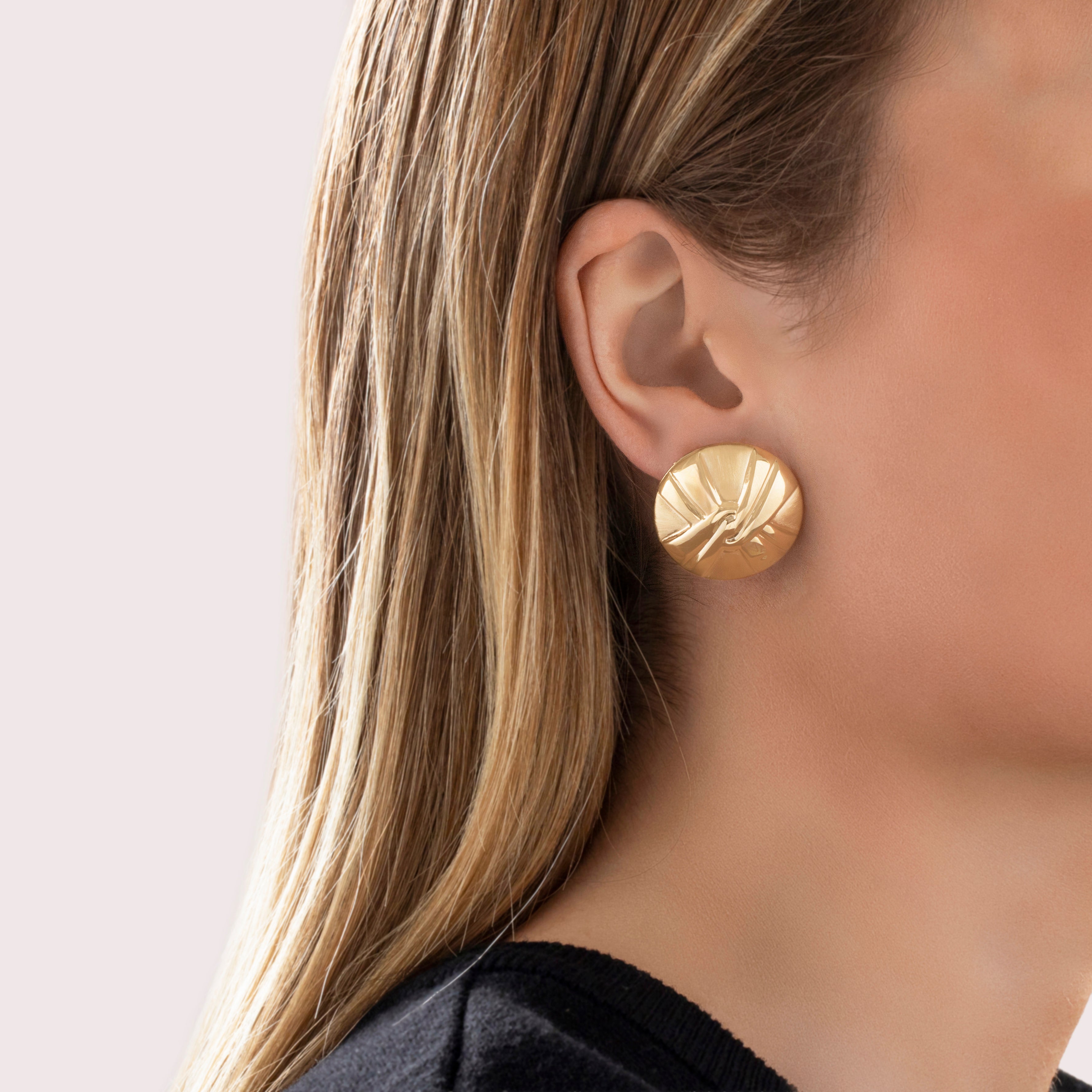 Large Lightweight Vintage 14k Yellow Gold Textured Button Earrings - On model view