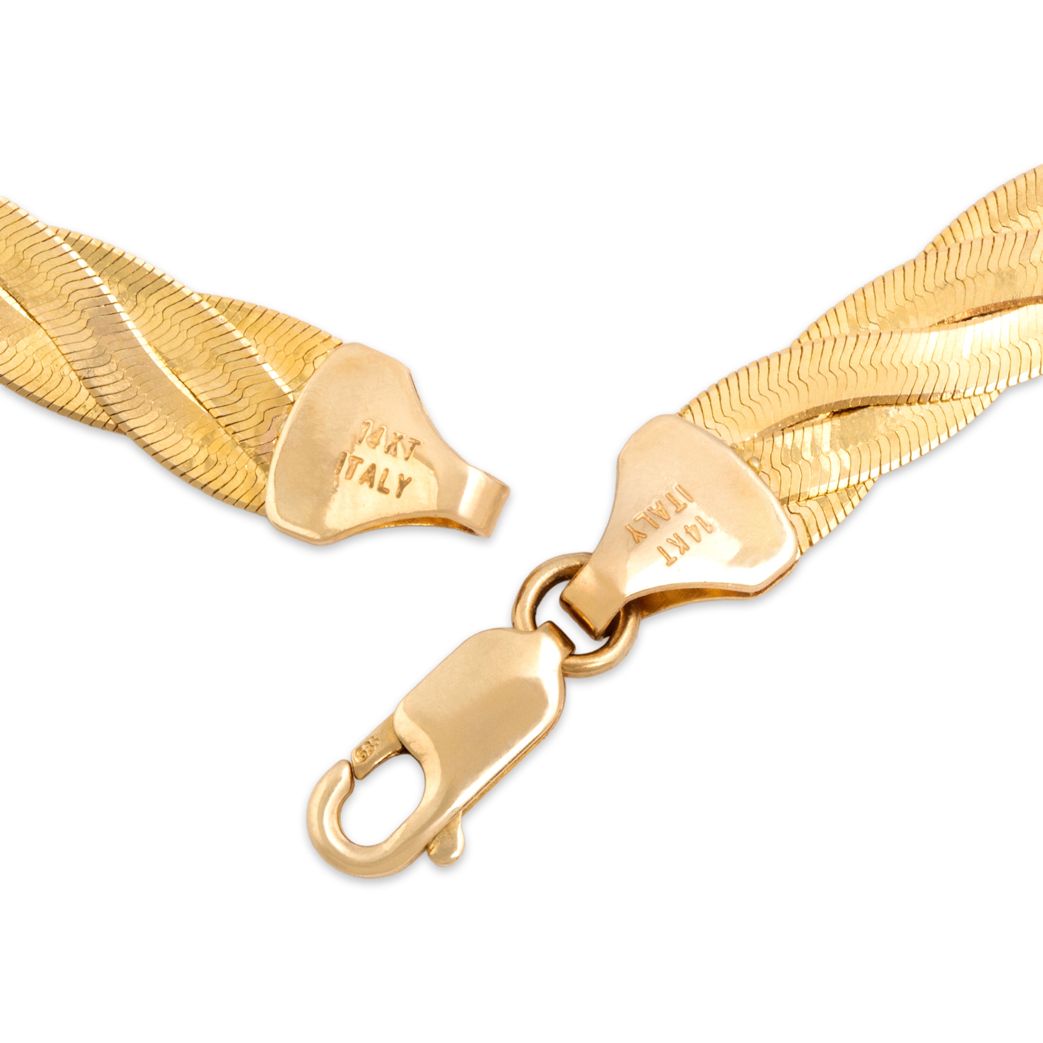 Vintage Italian Woven Herringbone 14k Yellow Gold Necklace - clasp view