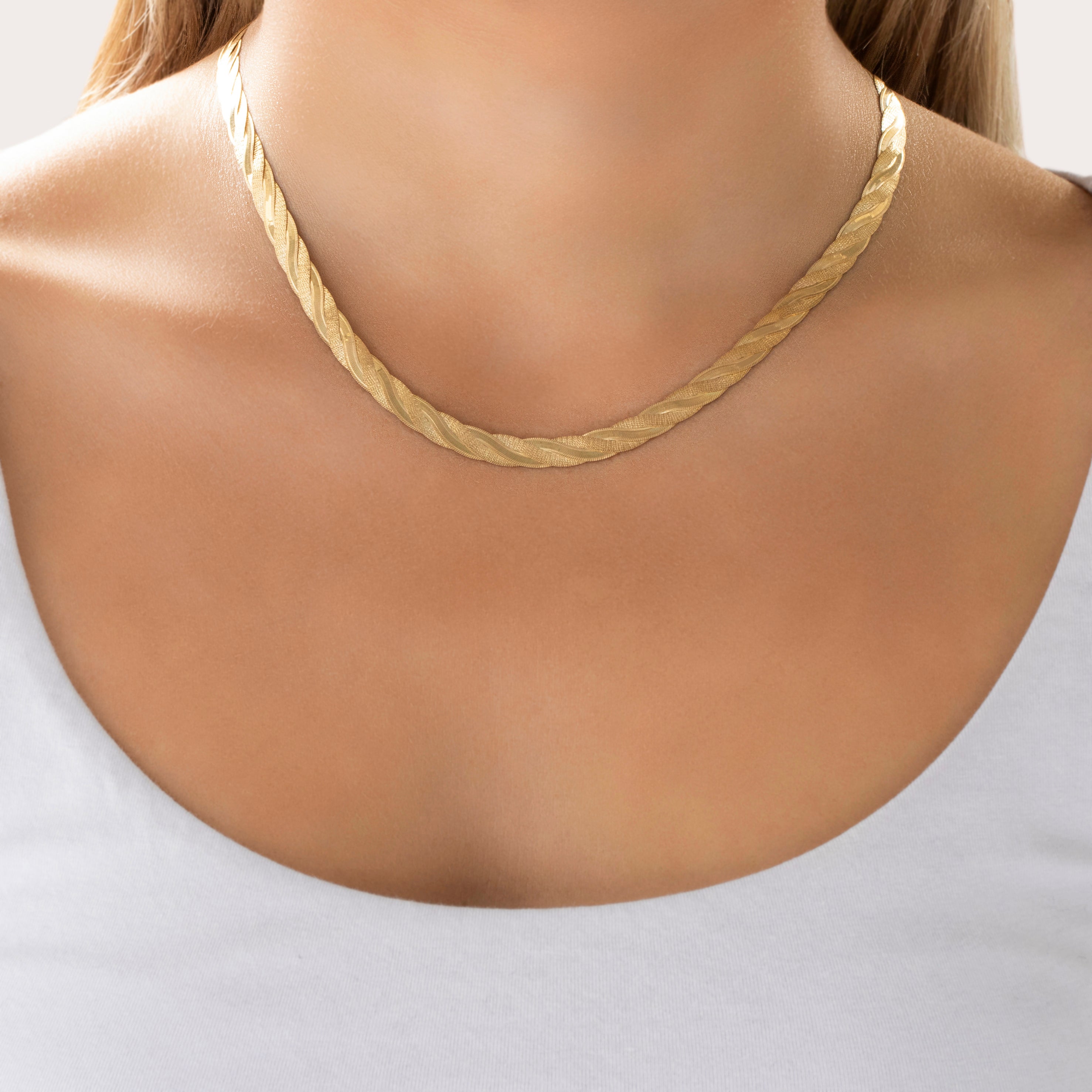 Vintage Italian Woven Herringbone 14k Yellow Gold Necklace - On model view