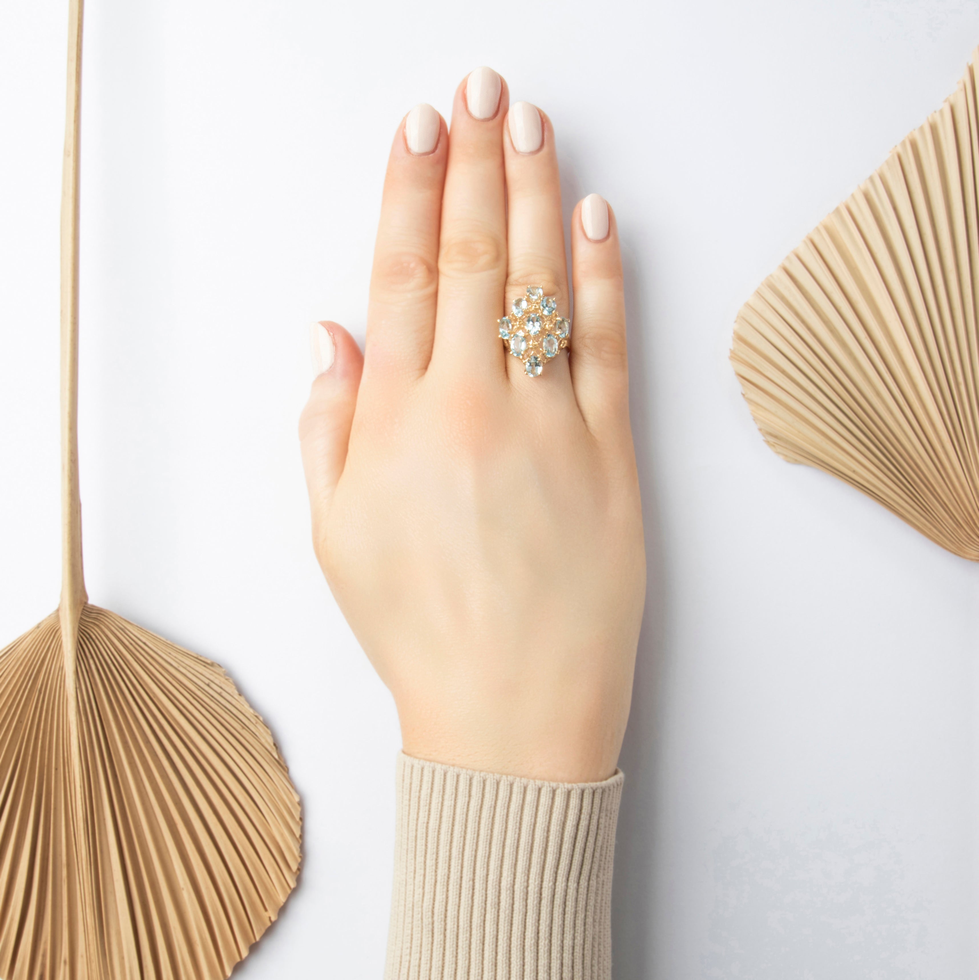 Vintage 10k Yellow Gold 3.10cttw Sky Blue Topaz Brilliant Cluster Cocktail Ring - On model view