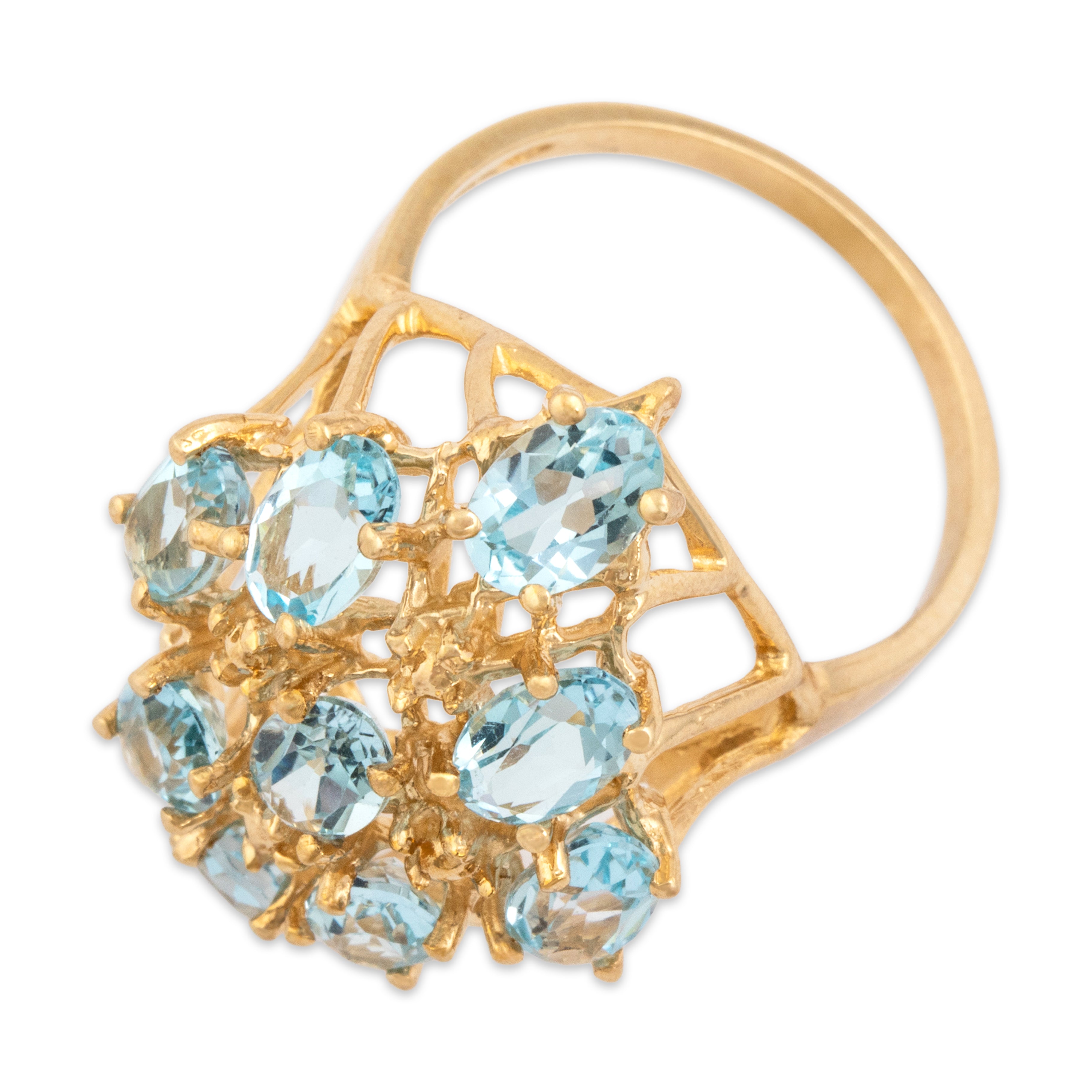 Vintage 10k Yellow Gold 3.10cttw Sky Blue Topaz Brilliant Cluster Cocktail Ring - Overall view