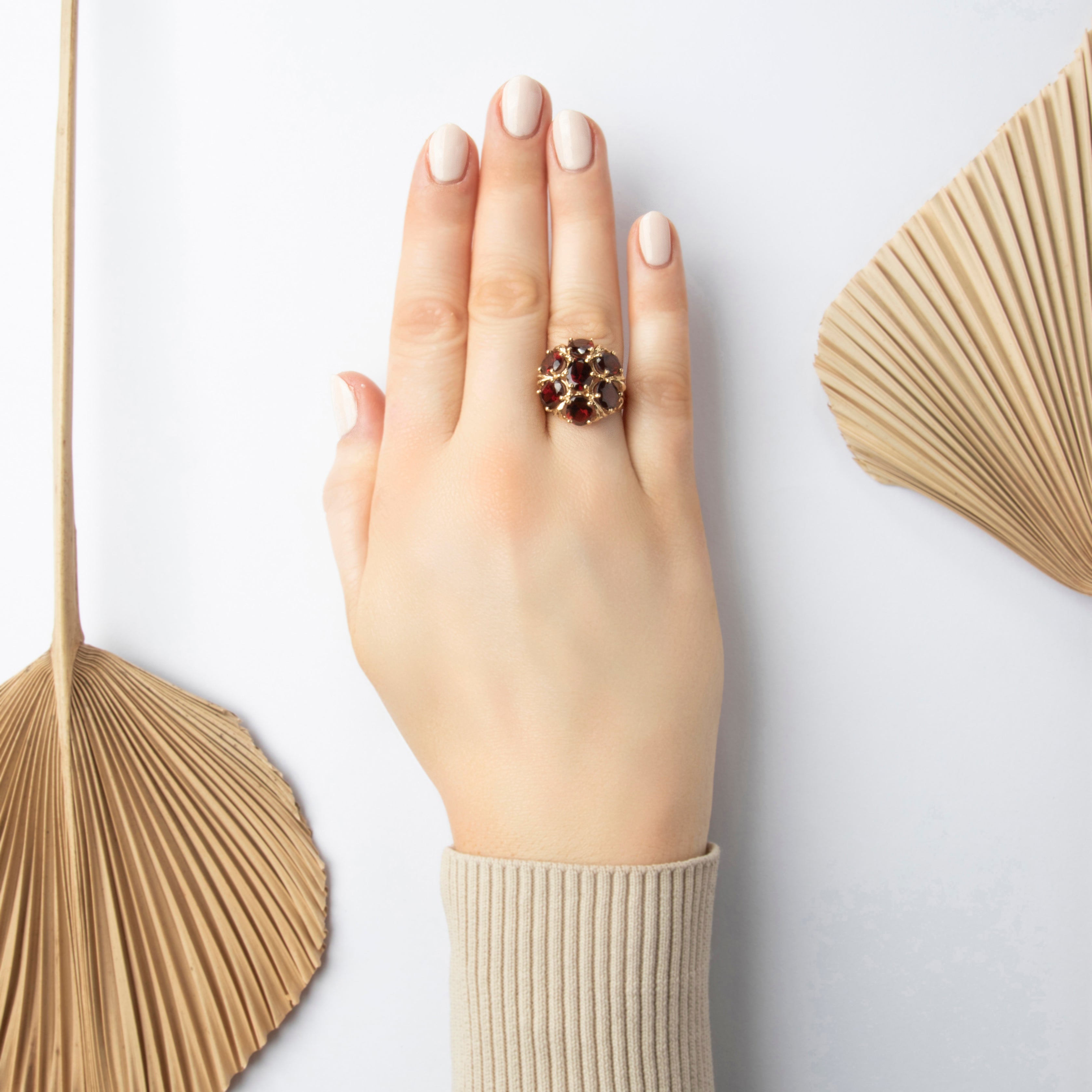 Vintage Large 10k Yellow Gold 10.26cttw Garnet Dome Oval Halo Ring - On model view