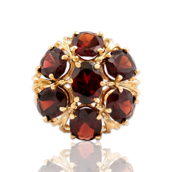 Vintage Large 10k Yellow Gold 10.26cttw Garnet Floral Dome Halo Ring 7.50
