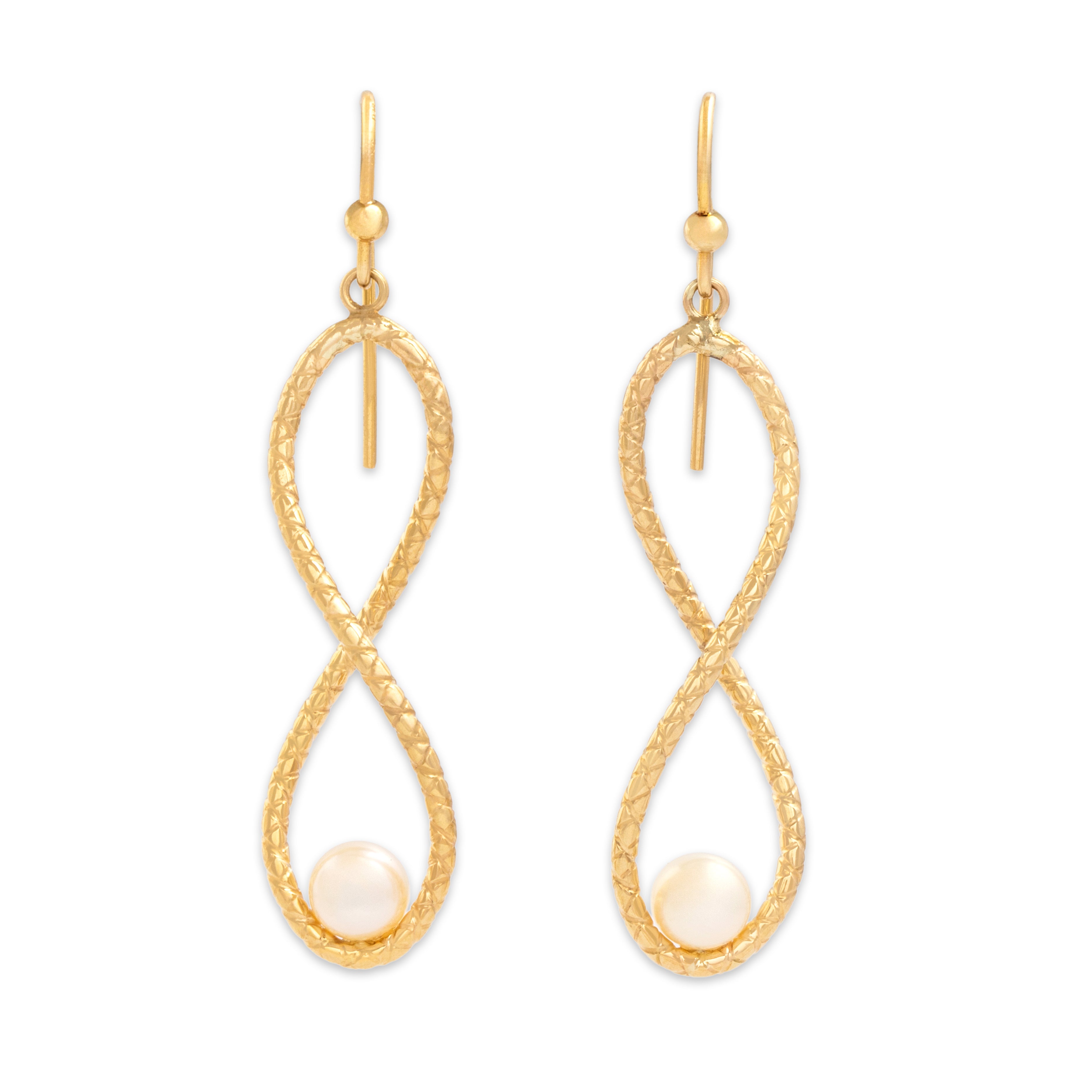 Vintage Italian 14k Yellow Gold Pearl Textured Infinity Drop Dangle Earrings