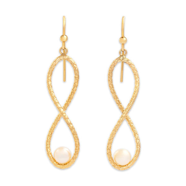 Vintage Italian 14k Yellow Gold Pearl Textured Infinity Drop Dangle Earrings