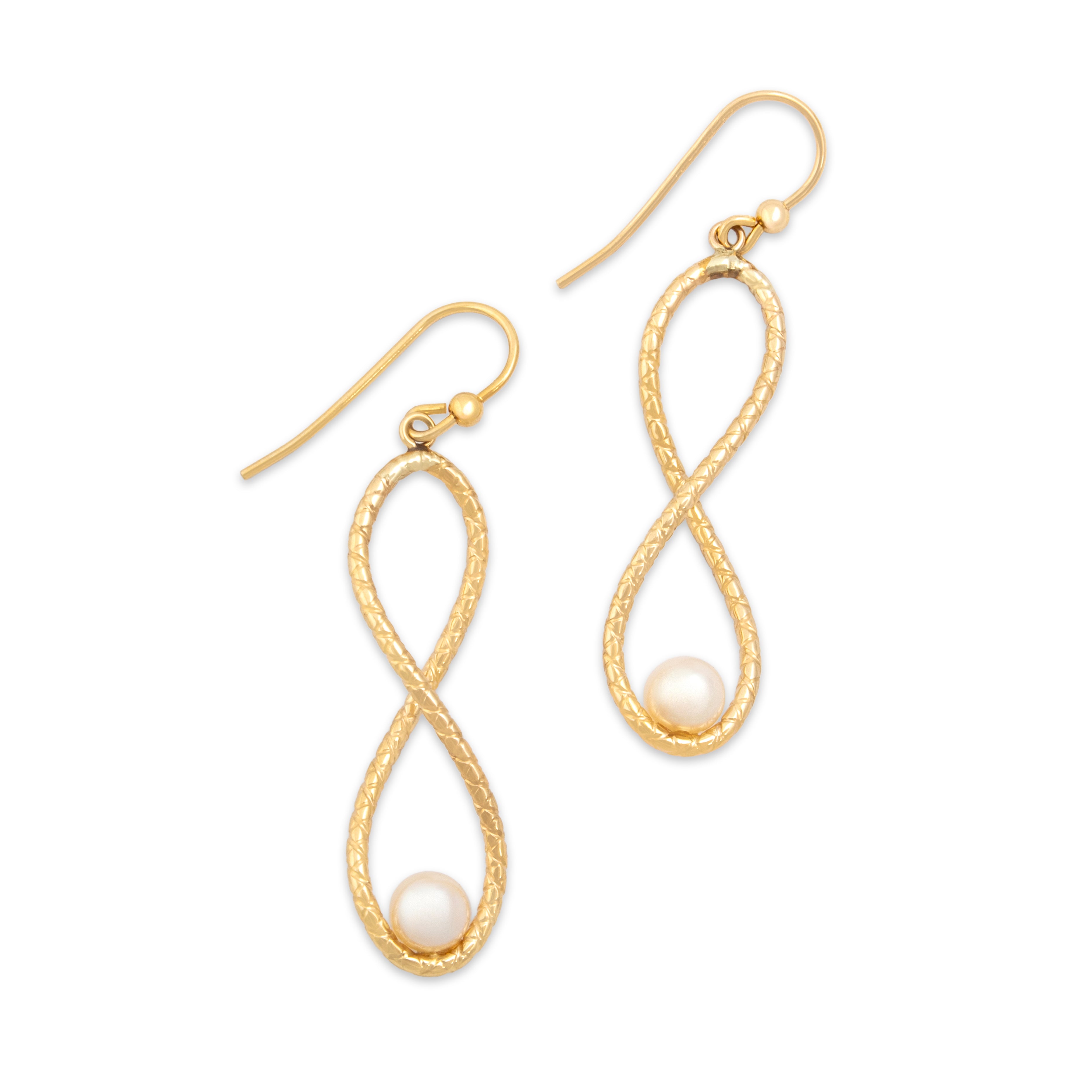 Vintage Italian 14k Yellow Gold Pearl Textured Infinity Drop Dangle Earrings - detail view #1