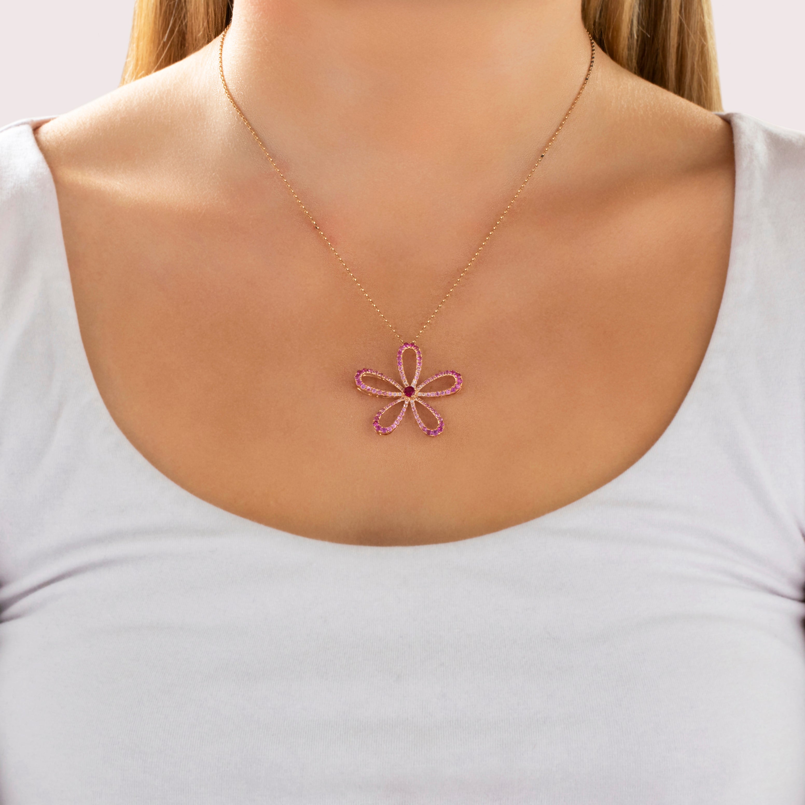 Vintage 18k Rose Gold Ruby Pink Sapphire Fabulous Floral Statement Pendant - On model view