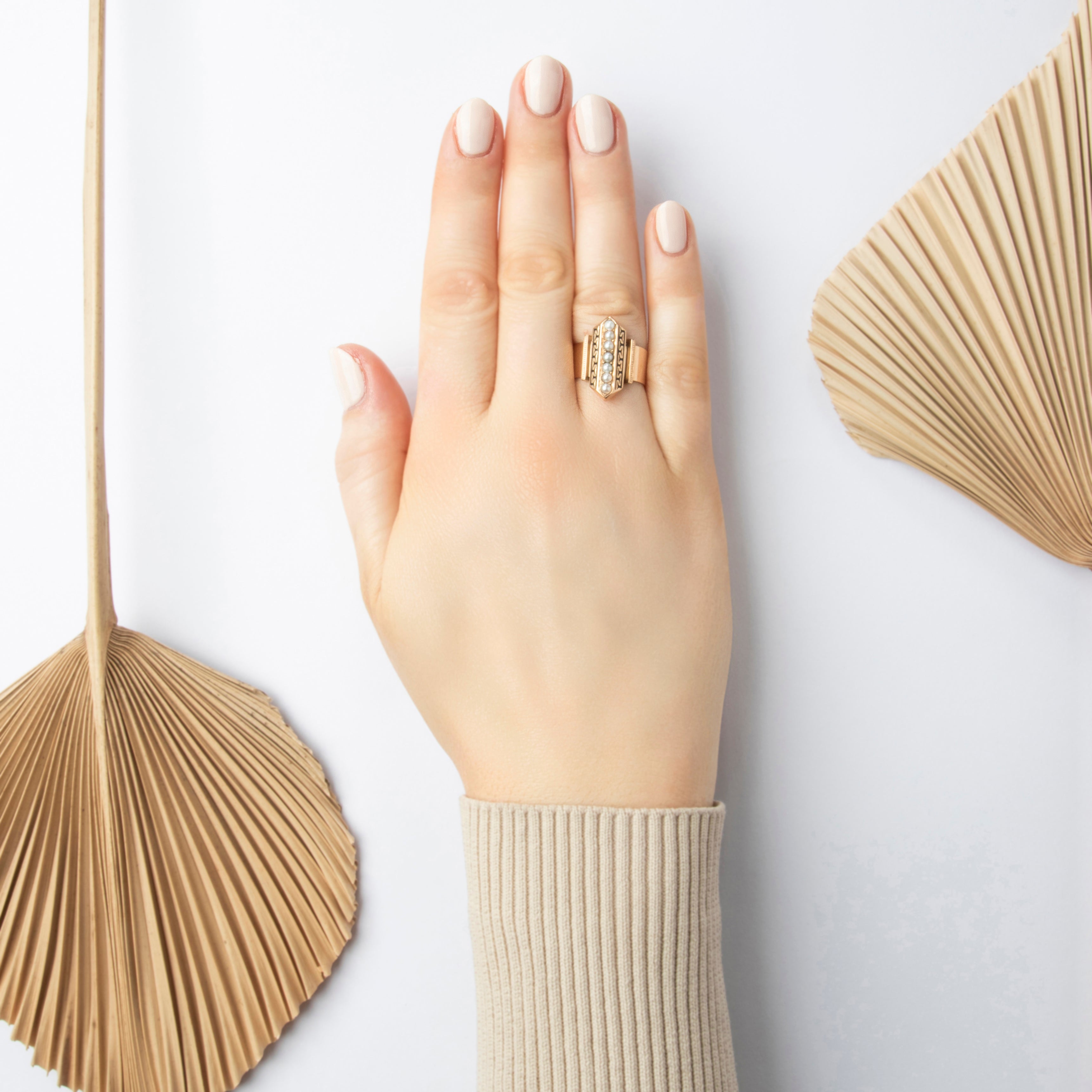 Antique Victorian 14k Rosy Yellow Gold Pearl Elongated Decorative Shield Ring - On model view