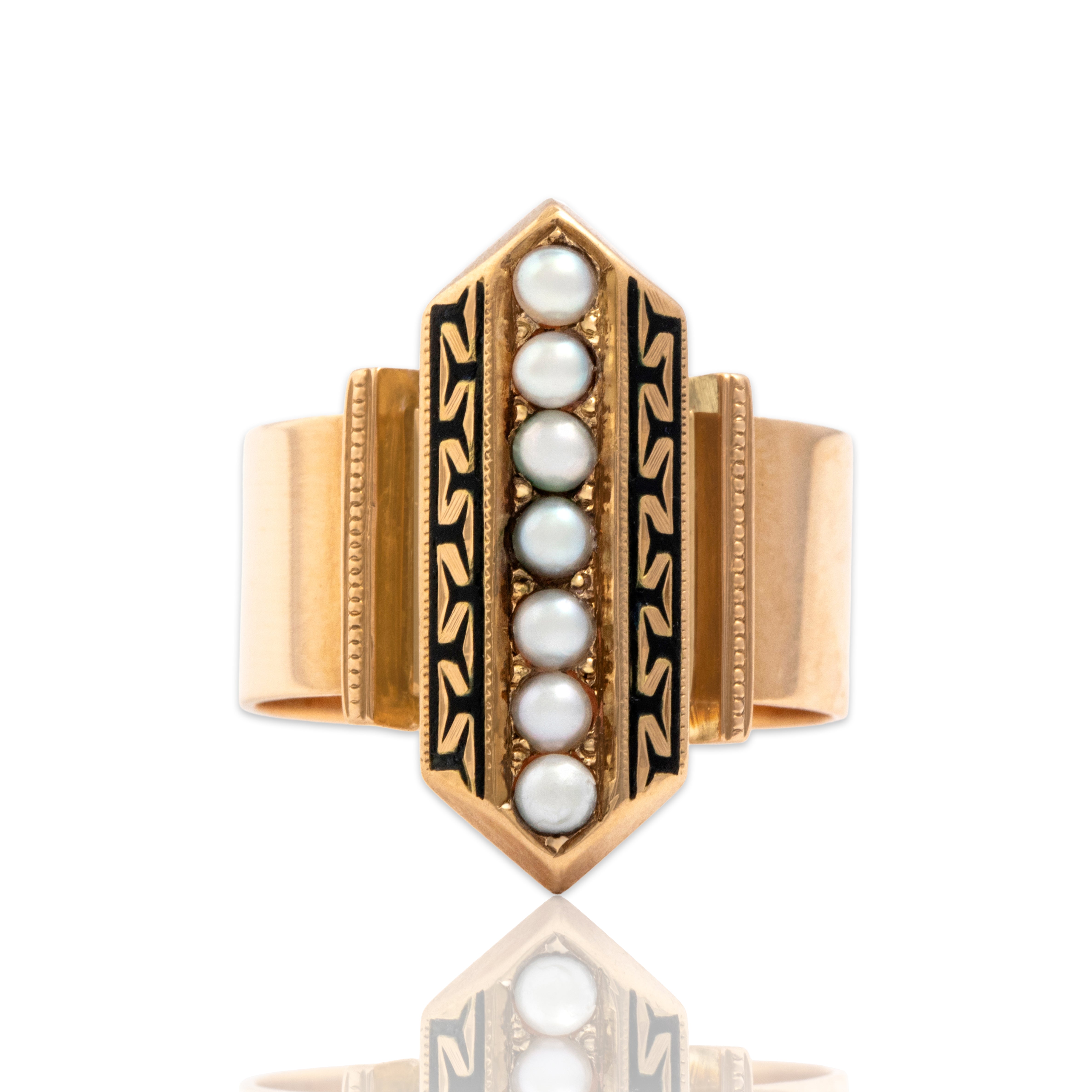 Antique Victorian 14k Rosy Yellow Gold Pearl Elongated Decorative Shield Ring - Close-up view