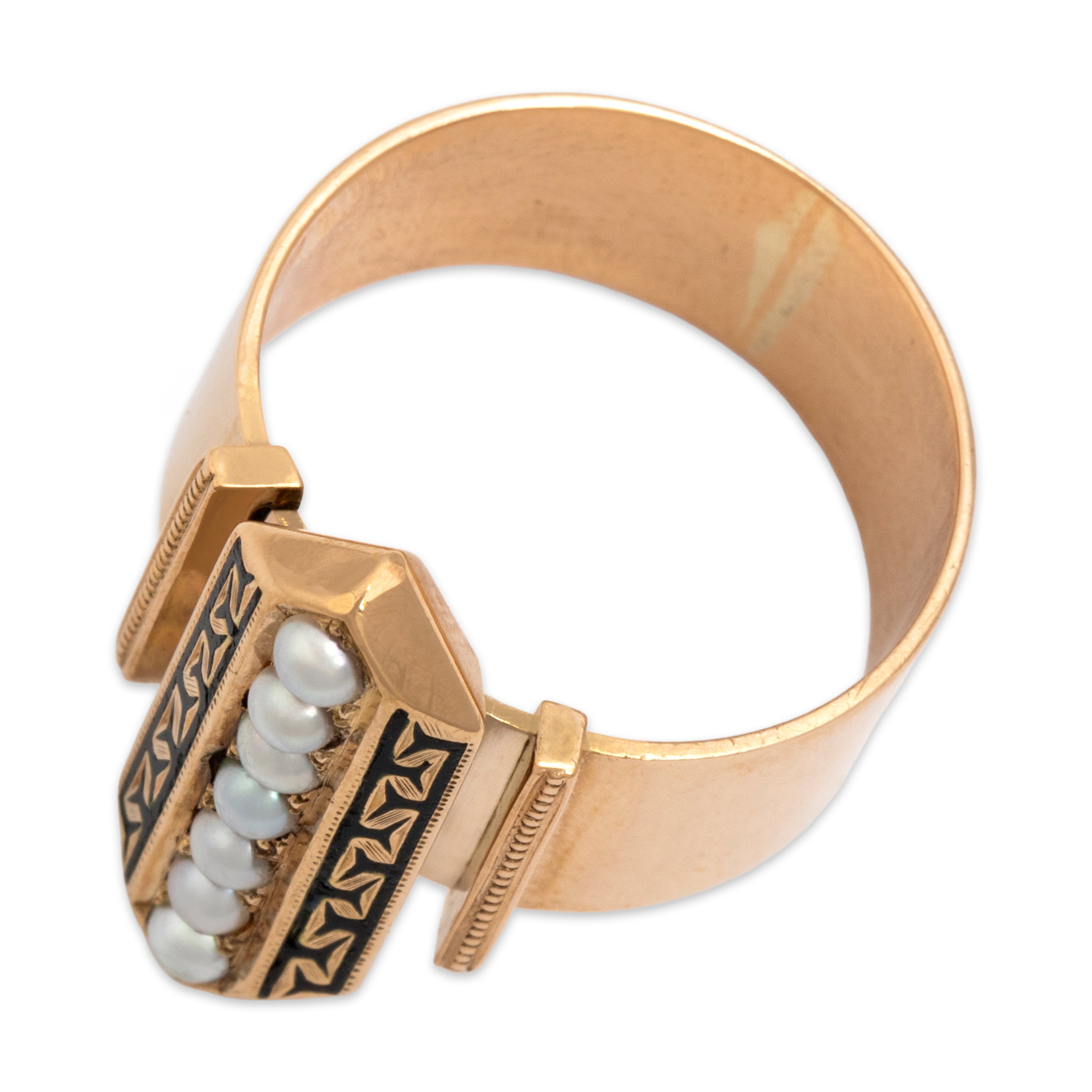 Antique Victorian 14k Rosy Yellow Gold Pearl Elongated Decorative Shield Ring - Overall view