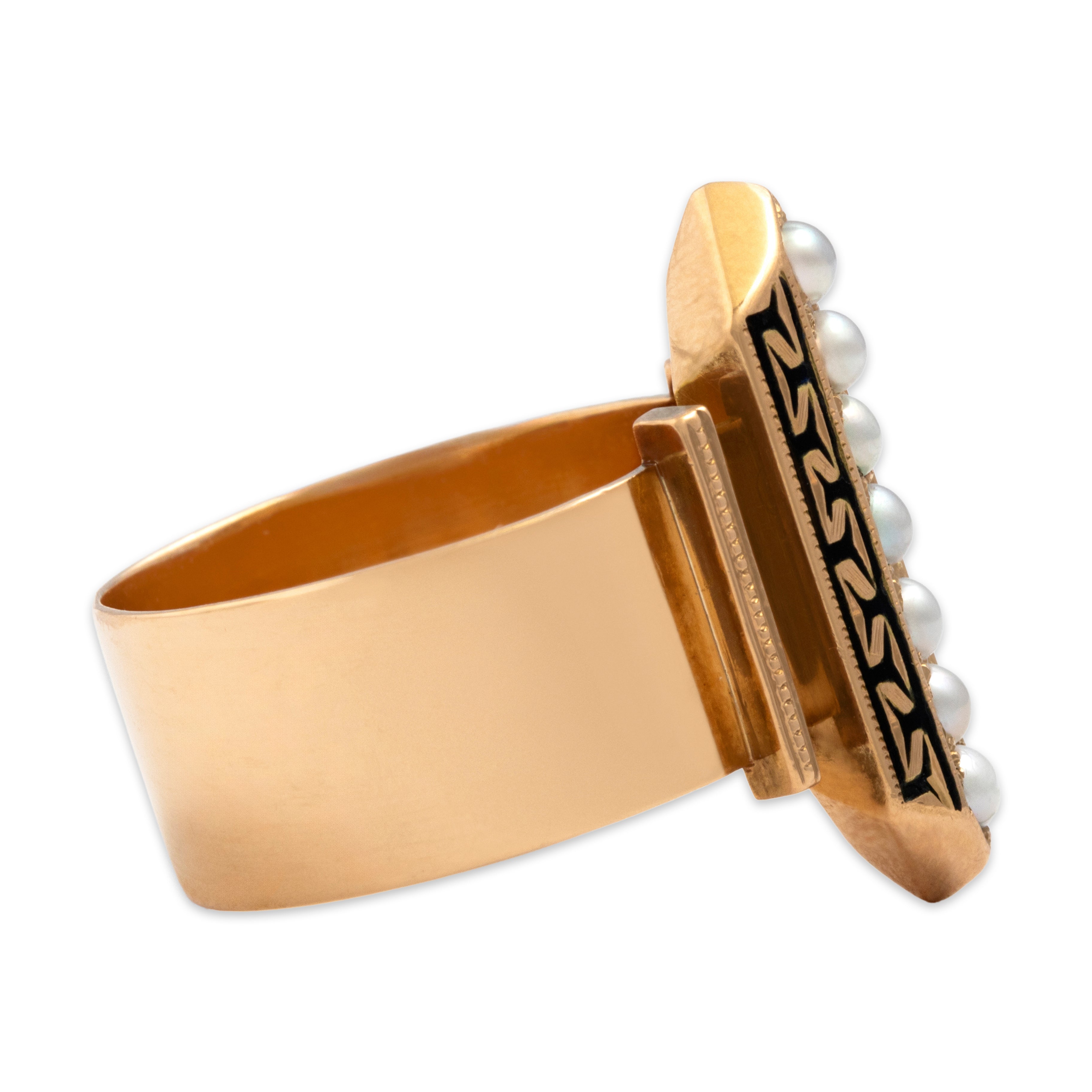Antique Victorian 14k Rosy Yellow Gold Pearl Elongated Decorative Shield Ring - Side view