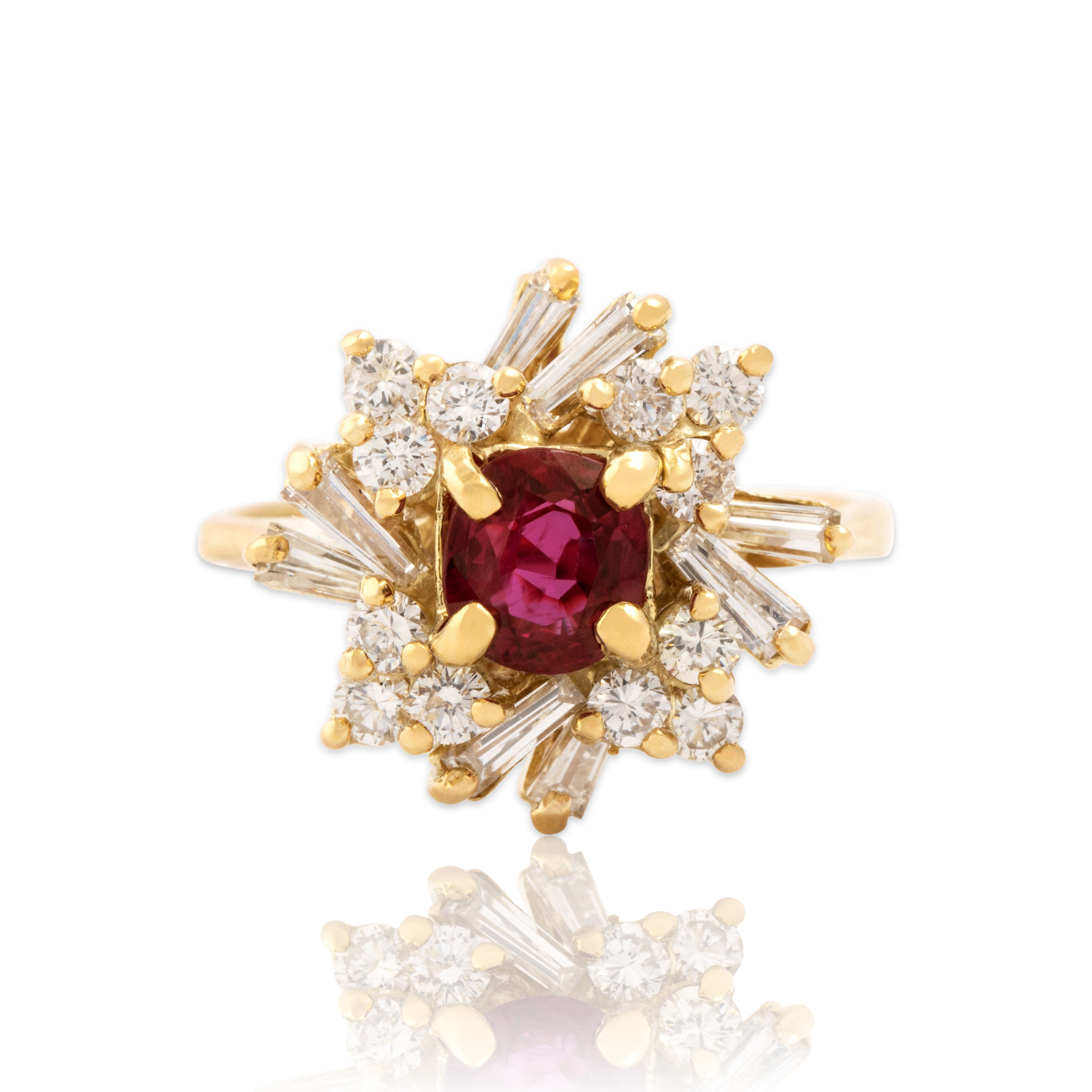 Vintage 18k Yellow Gold 1.01ct Ruby 1.06cttw Diamond Stellar Halo Ring 8.75