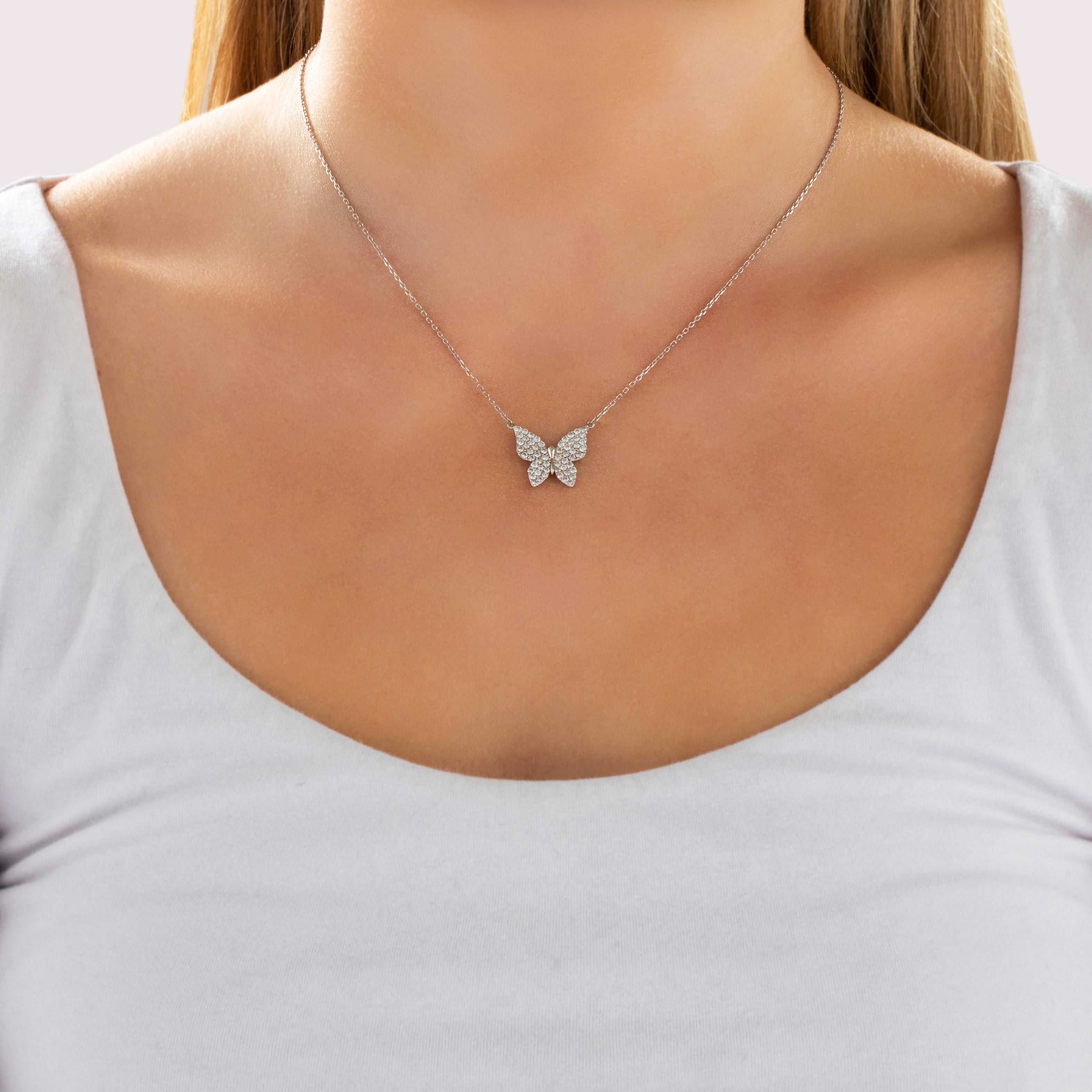 Estate 14k White Gold .68cttw Diamond Shimmering Butterfly Necklace - On model view