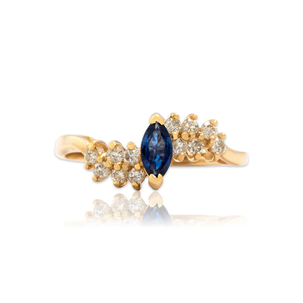 Vintage 14k Yellow Gold Blue Sapphire Diamond Dazzling Bypass Marquise Ring 10.75