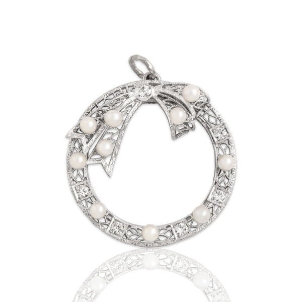 Antique 14k White Gold Diamond Pearl Stunning Bow Adorned Wreath Pendant