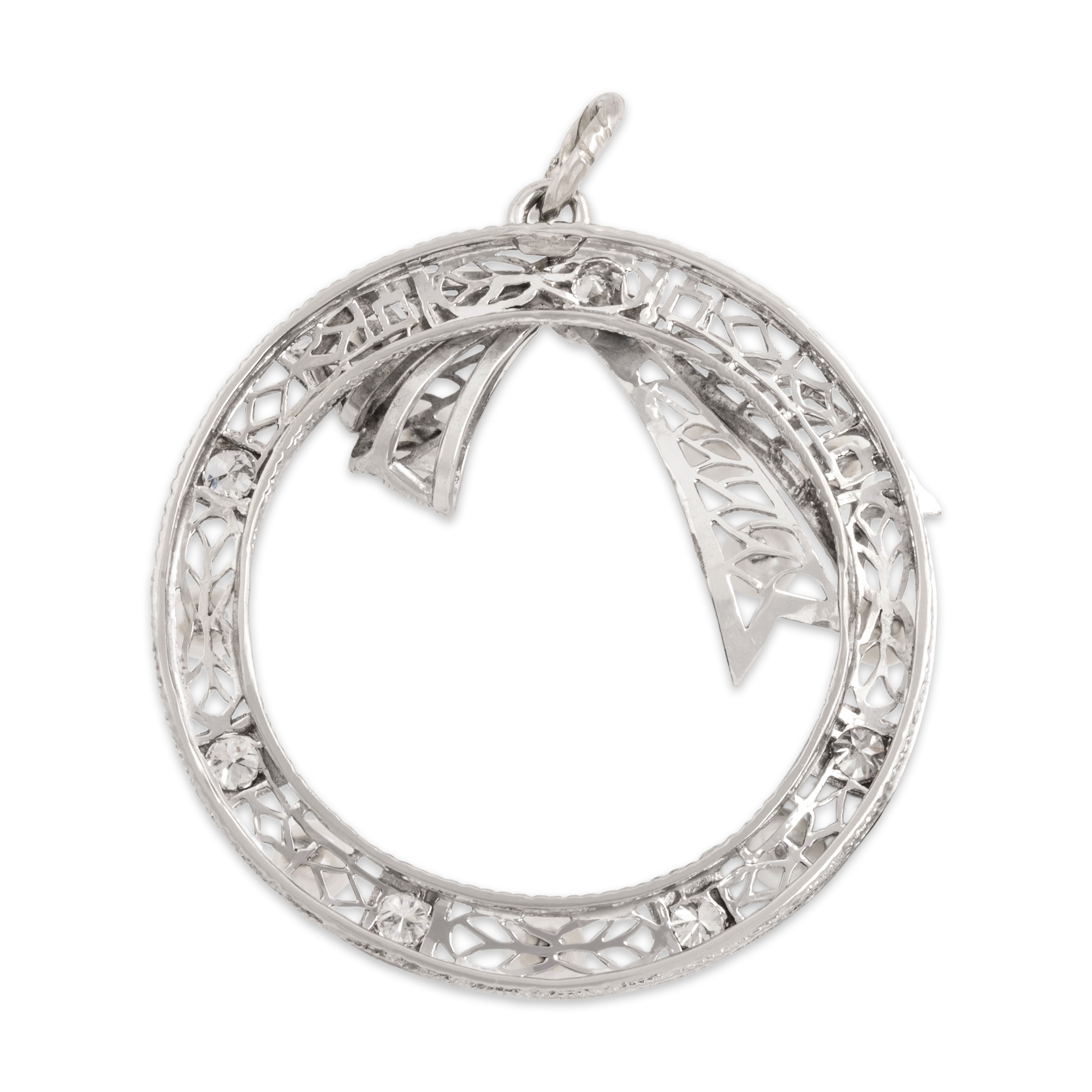 Antique 14k White Gold Diamond Pearl Stunning Bow Adorned Wreath Pendant