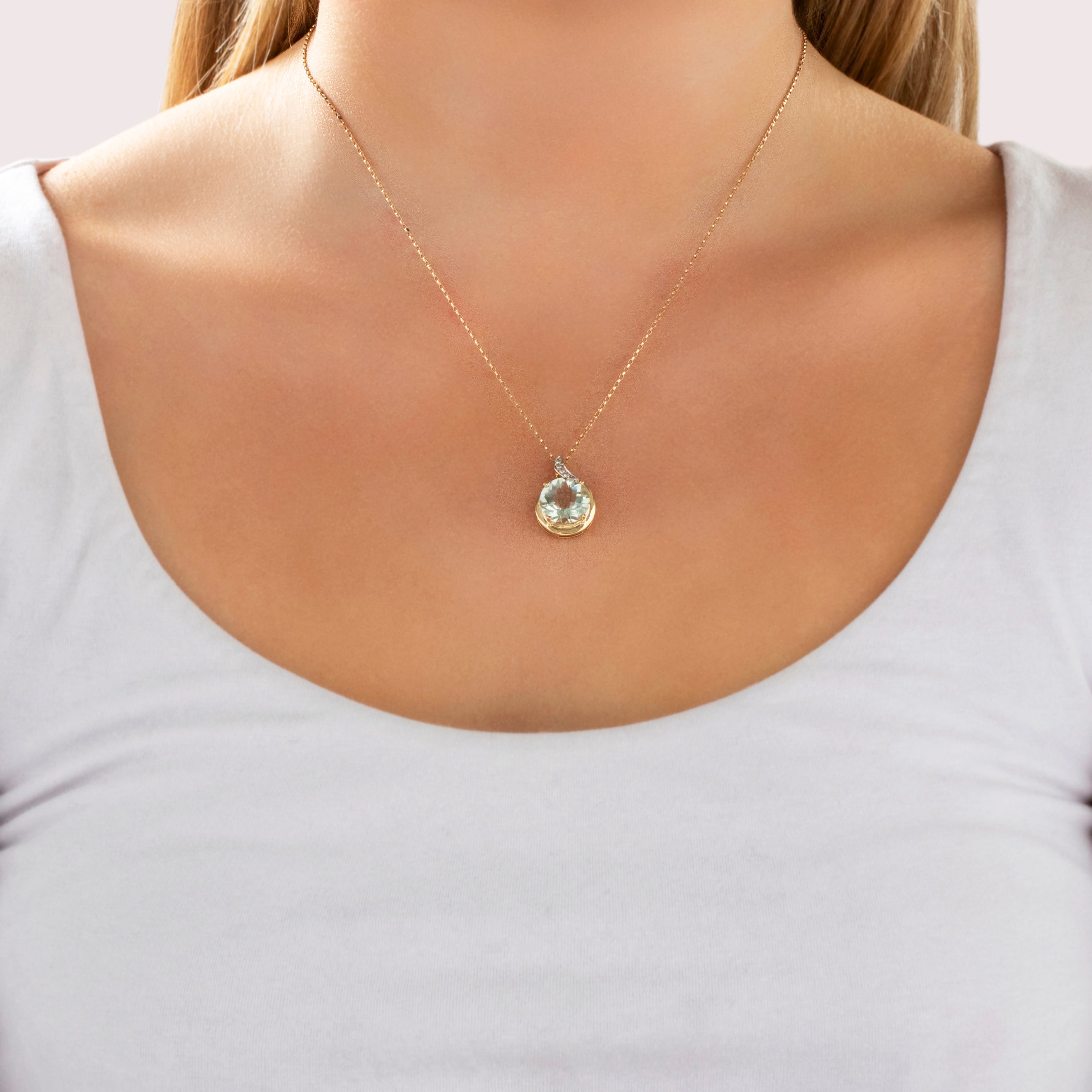 Vintage 14k Yellow Gold Prasiolite Diamond Checkerboard Drop Twist Pendant - On model view