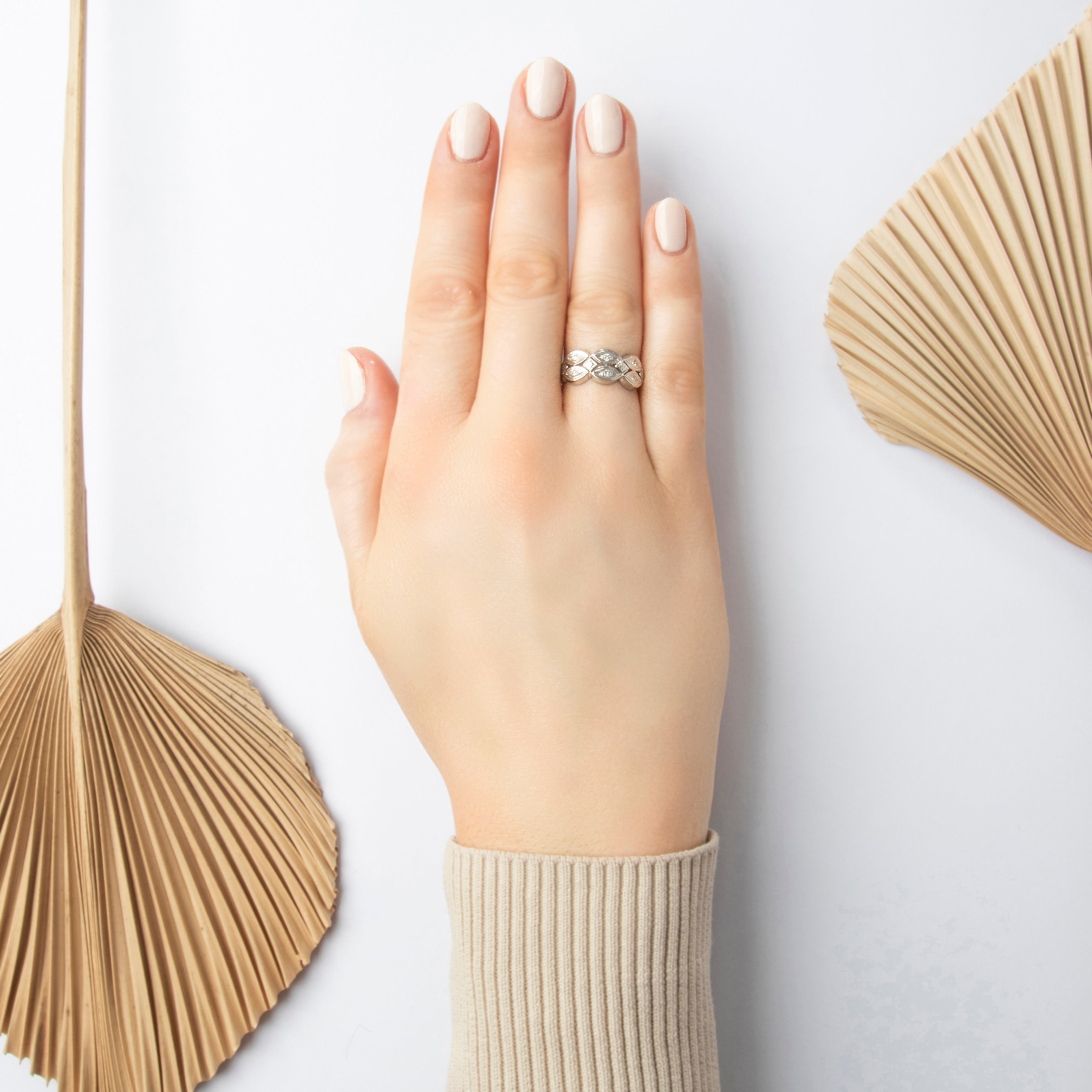 Vintage 14k White Gold Diamond Geometric Symmetry Ring - On model view