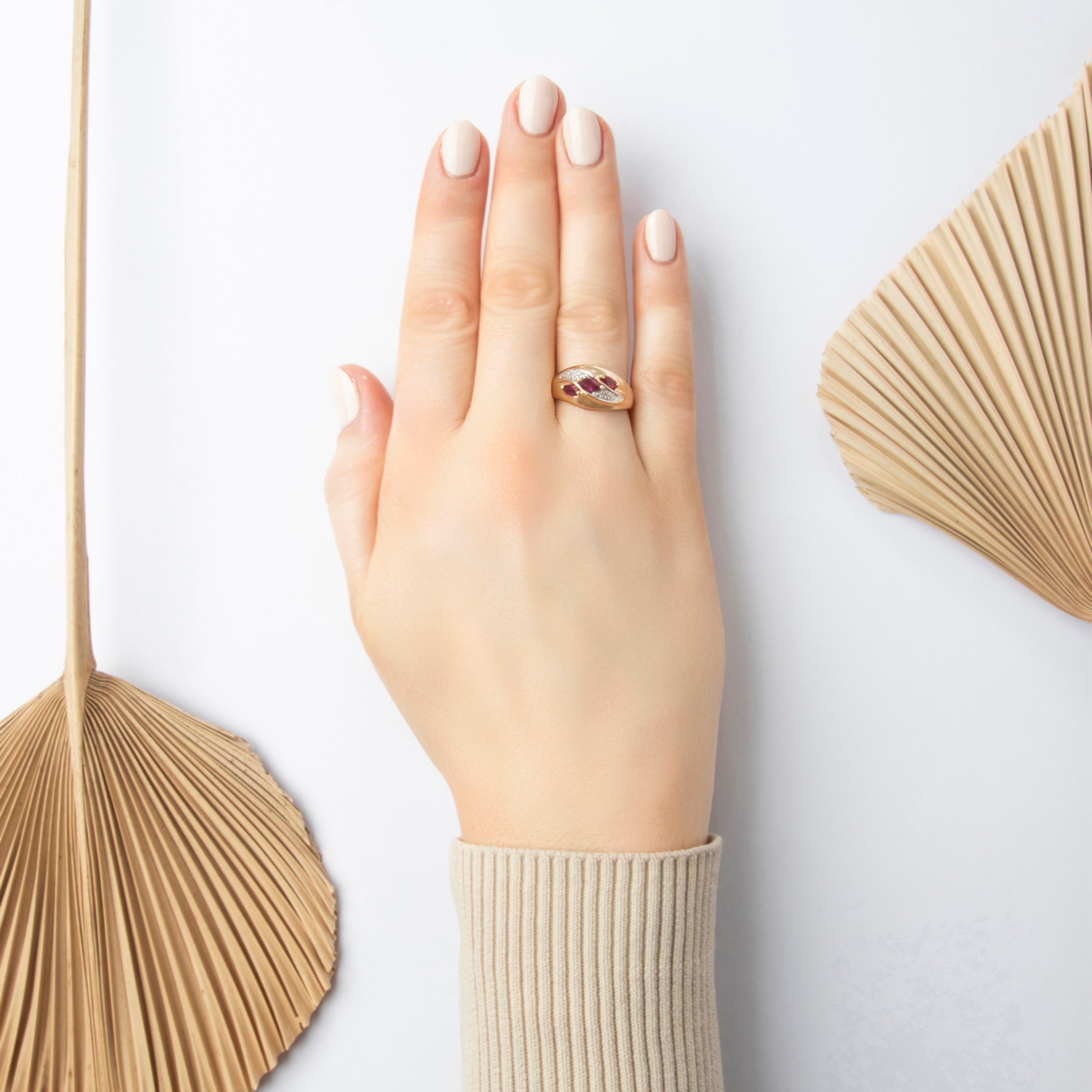 Vintage Wide 14k Yellow Gold Ruby Diamond Wavy Marquise Trio Band Ring - On model view