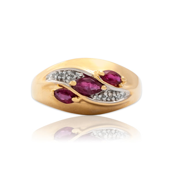 Vintage Wide 14k Yellow Gold .5cttw Ruby Diamond Wavy Marquise Band Ring 8.00