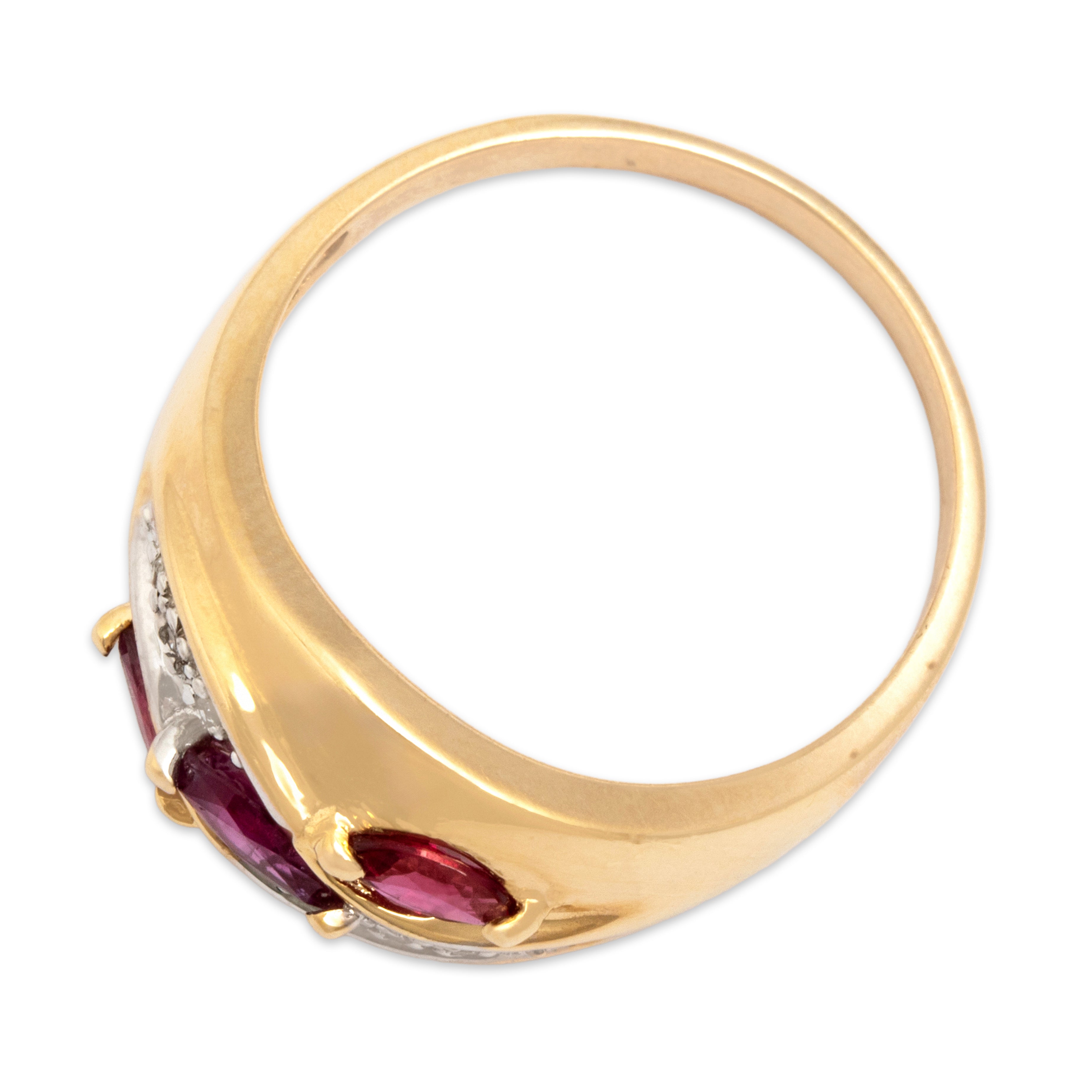 Vintage Wide 14k Yellow Gold Ruby Diamond Wavy Marquise Trio Band Ring - Overall view