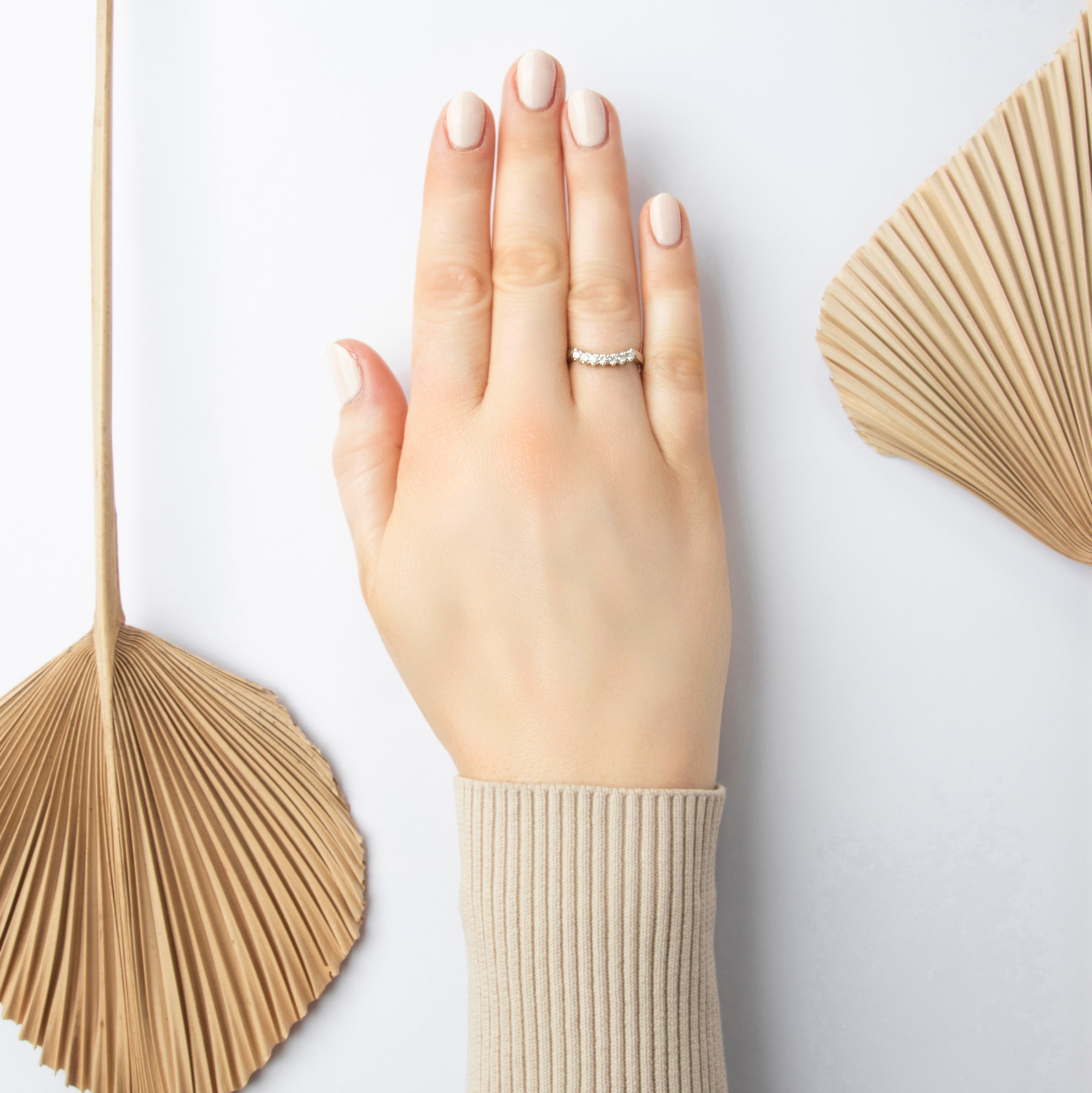 Vintage 14k White Gold Diamond Curved Wedding Band Ring - On model view