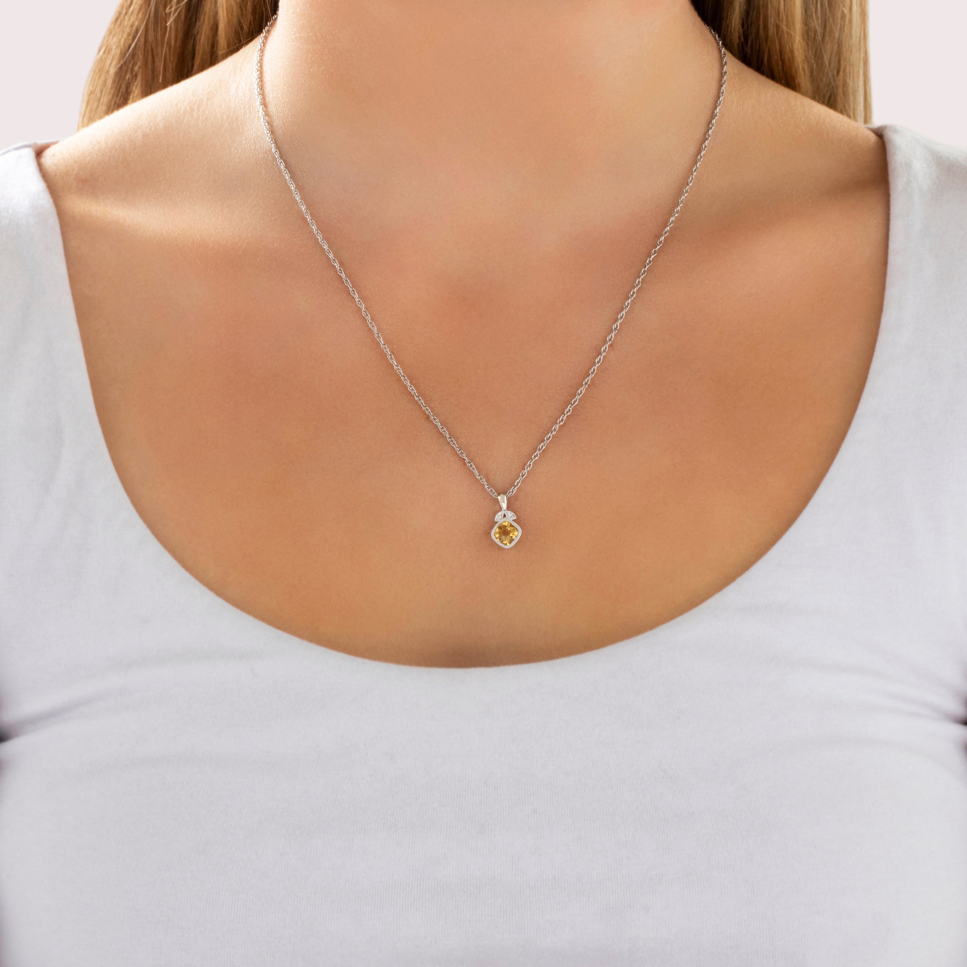 Vintage 14k White Gold Diamond Citrine Fruit Motif Pendant - On model view