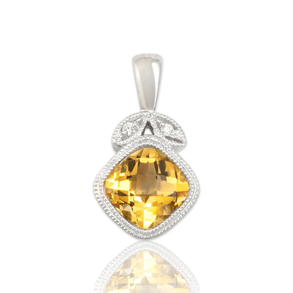 Vintage 14k White Gold .76ct Citrine Diamond Milgrain Leafy Pendant
