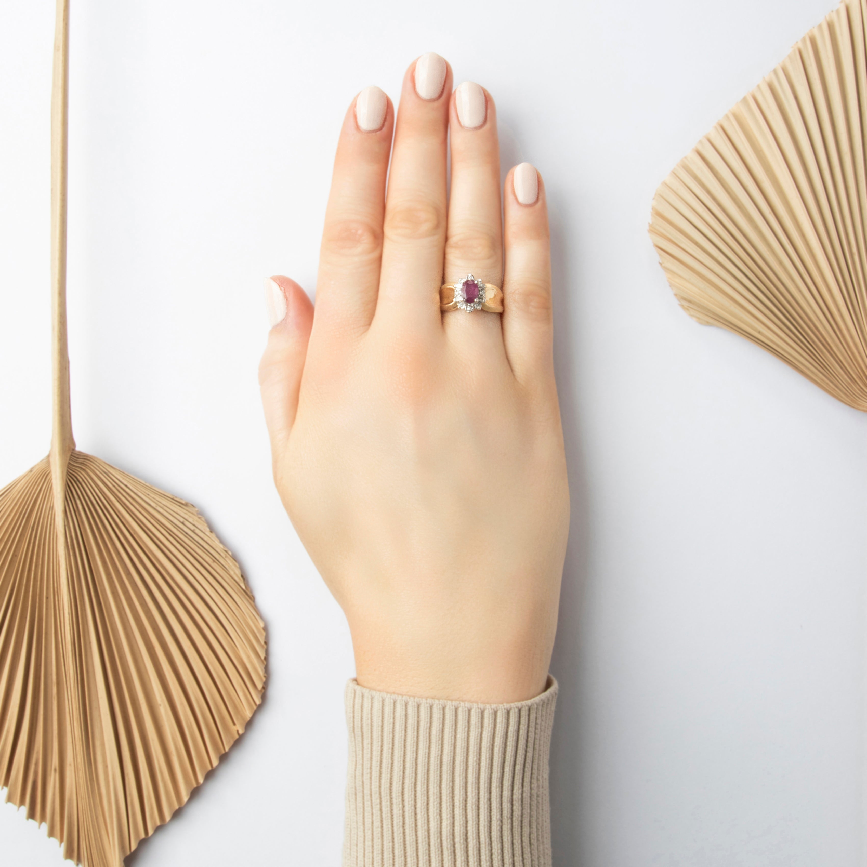 Vintage 14k Yellow & White Gold 1.16ct Ruby Diamond Bold Shoulder Mixed-Cut Halo Ring - On model view