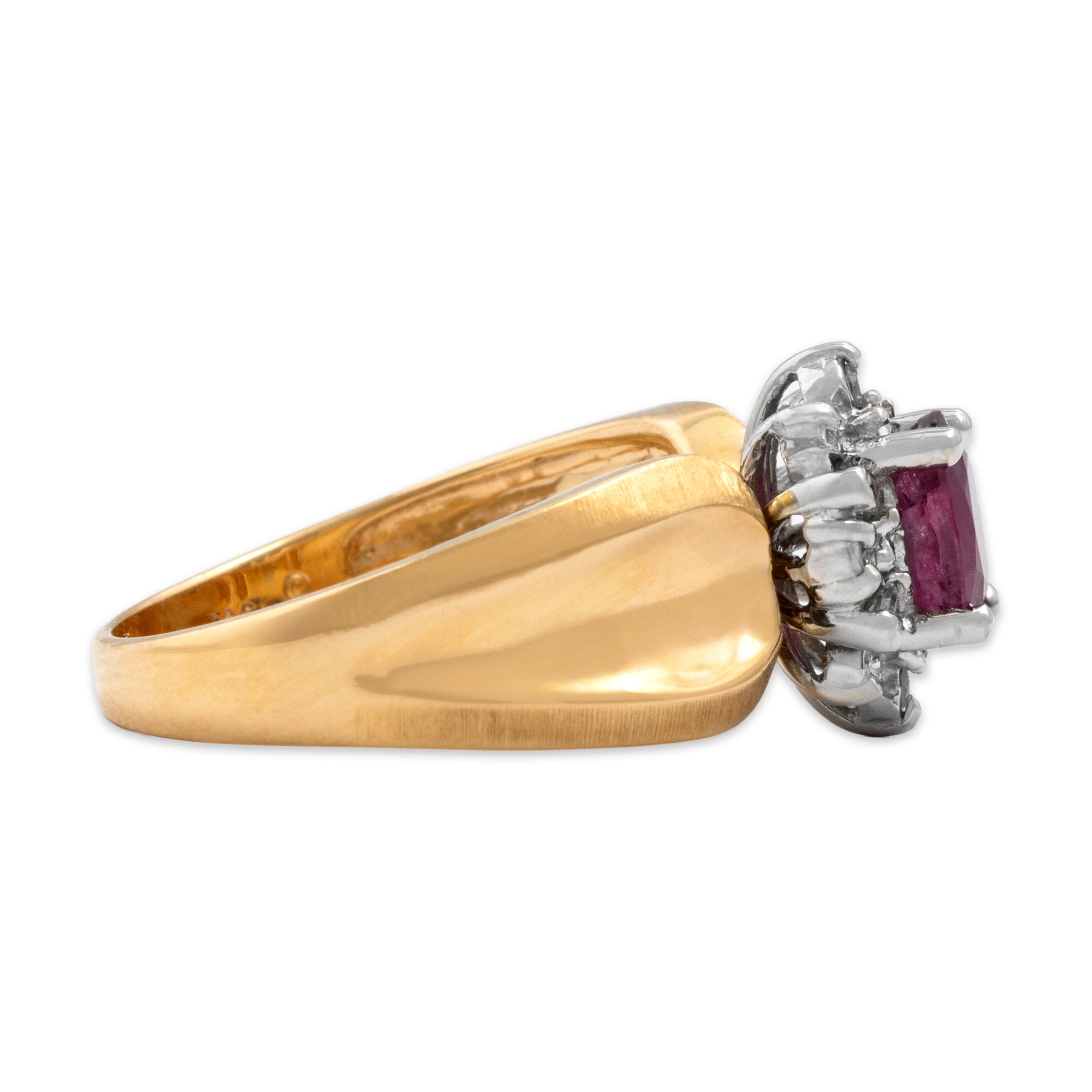 Vintage 14k Yellow & White Gold 1.16ct Ruby Diamond Bold Shoulder Mixed-Cut Halo Ring - Side view