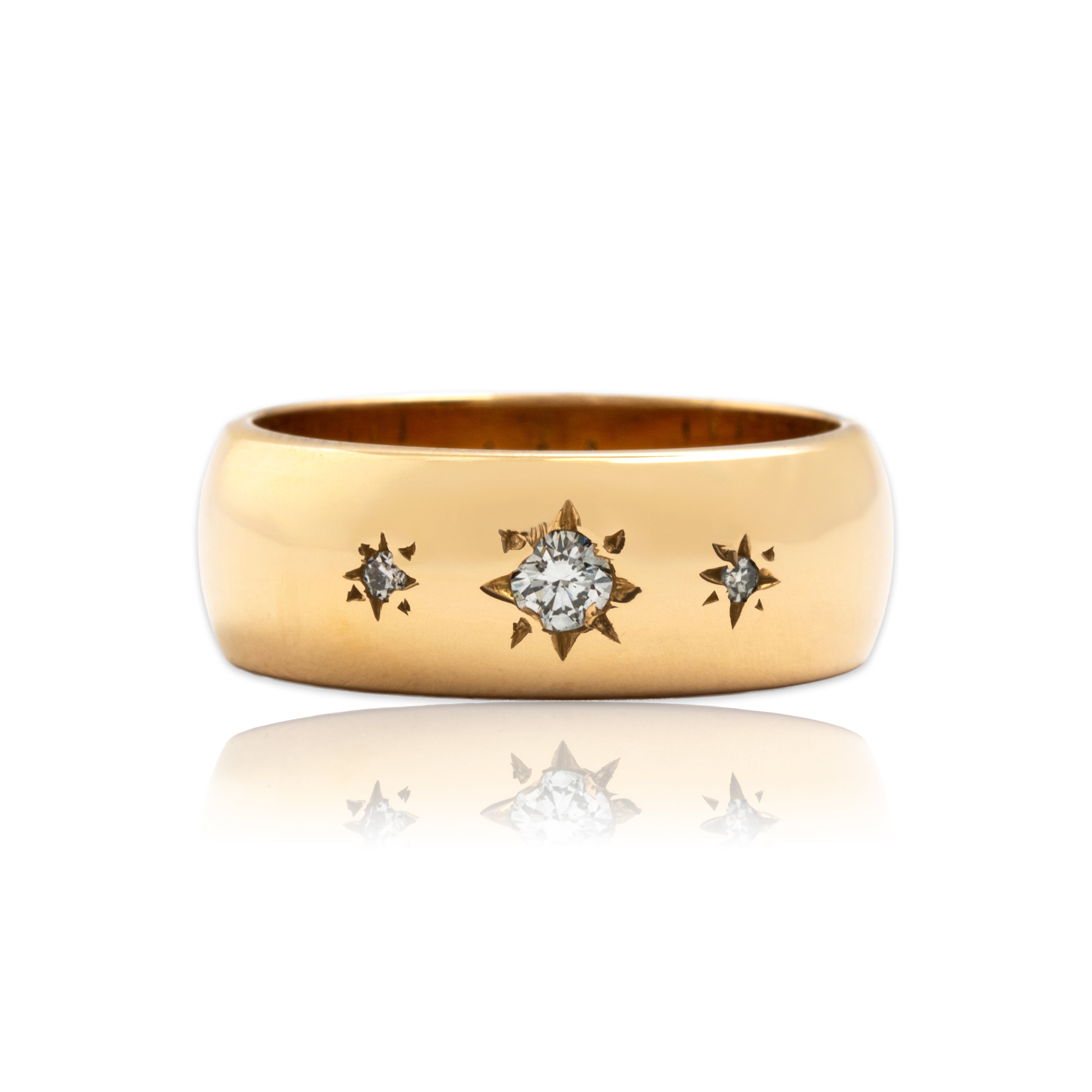 Vintage 14k Yellow Gold Diamond Wide Whimsical Star-Set Band Ring - Close-up view