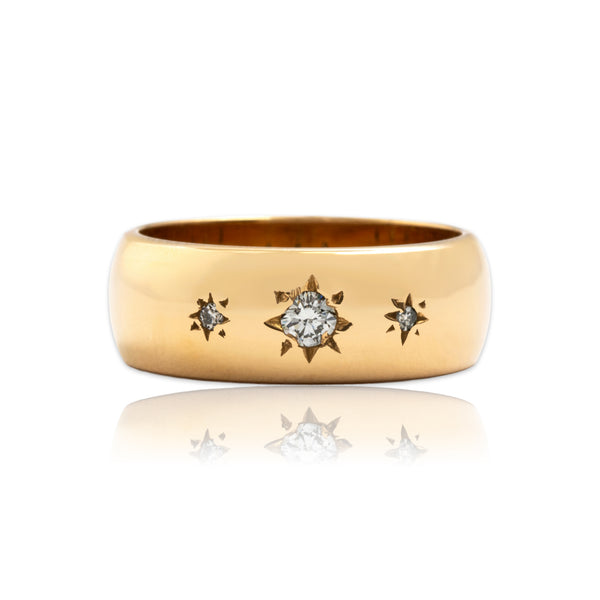 Vintage 14k Yellow Gold Diamond Wide Whimsical Star-Set Band Ring 6.75