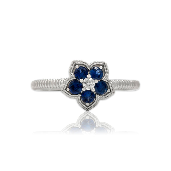 Estate 14k White Gold Blue Sapphire Diamond Lovely Ribbed Flower Ring 7.00