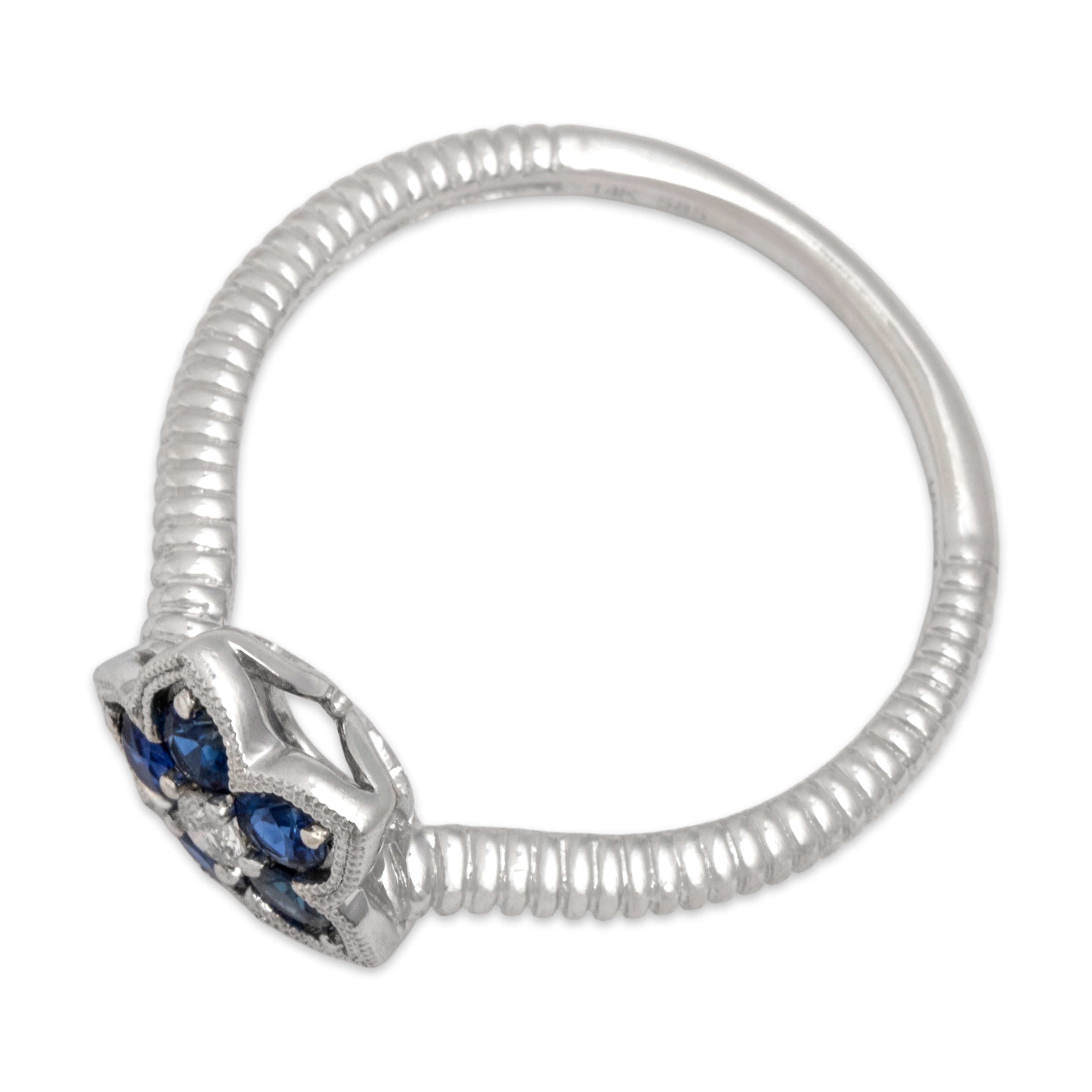 Estate 14k White Gold Blue Sapphire Diamond Lovely Ribbed Shoulder Flashing Flower Ring - Overall view