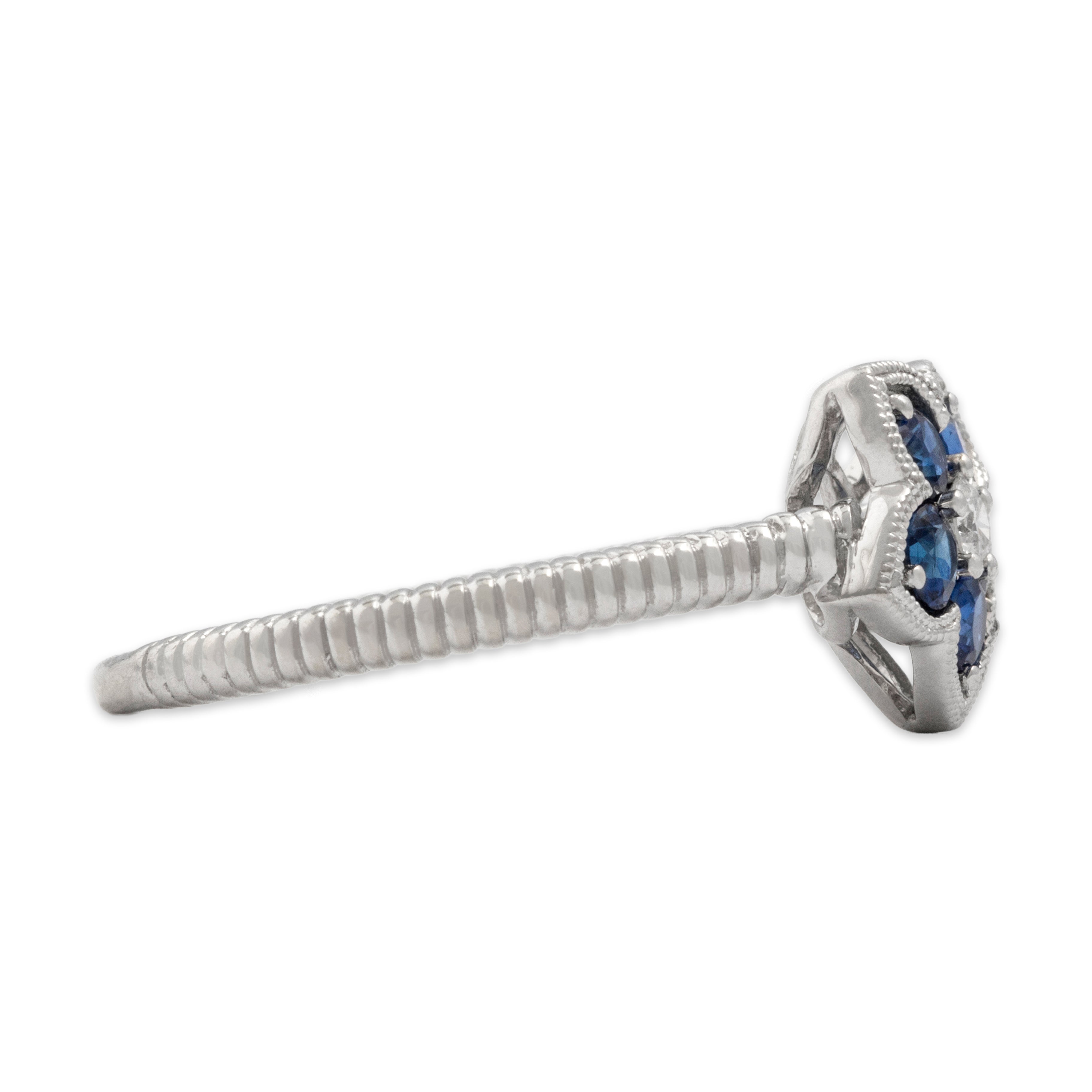 Estate 14k White Gold Blue Sapphire Diamond Lovely Ribbed Shoulder Flashing Flower Ring - Side view
