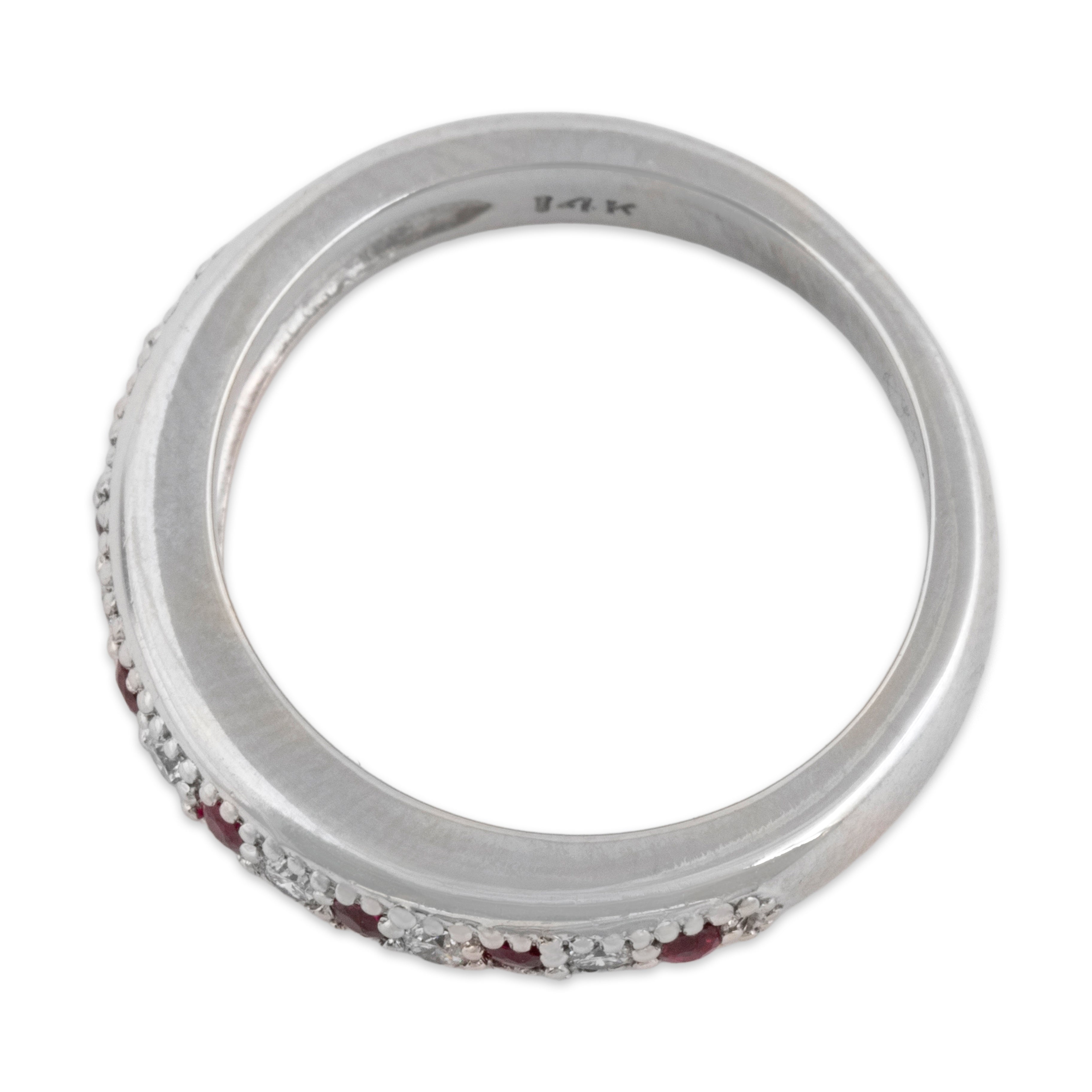 Vintage 14k White Gold Ruby Diamond Sparkling Alternating Line Band Ring - detail view #1