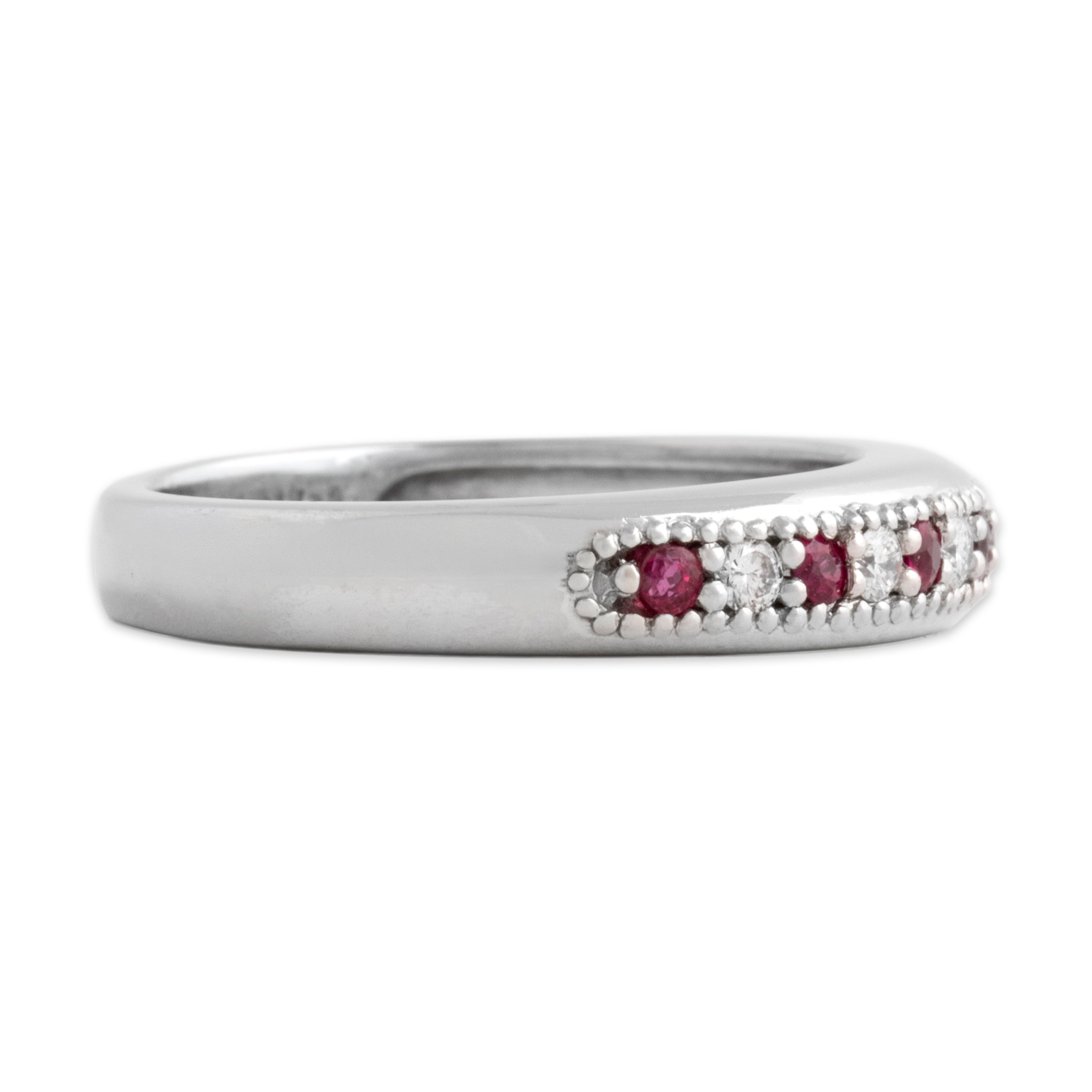 Vintage 14k White Gold Ruby Diamond Sparkling Alternating Line Band Ring - Side view