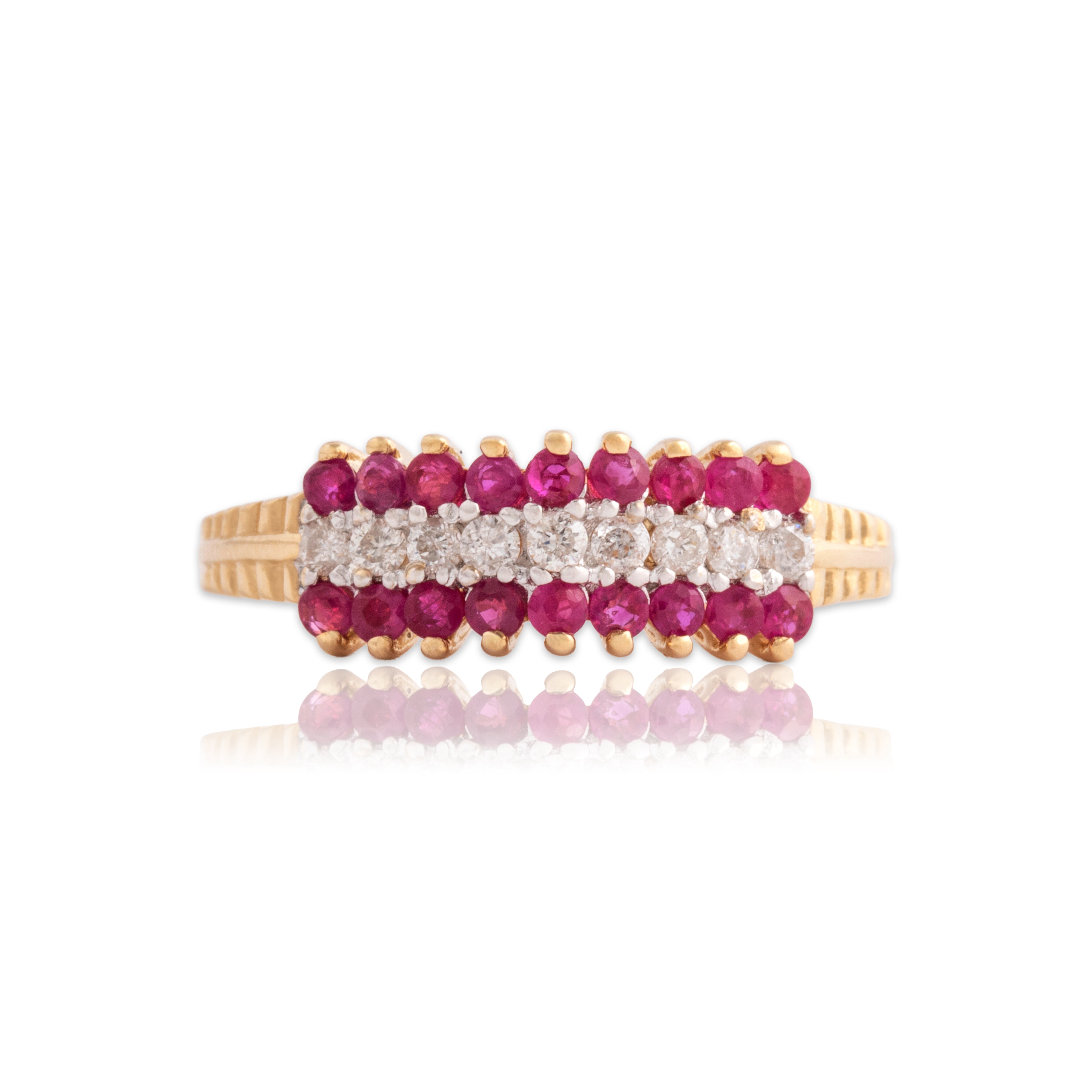 Vintage 14k Yellow Gold Ruby Diamond Architectural Chevron Line Ring - Close-up view
