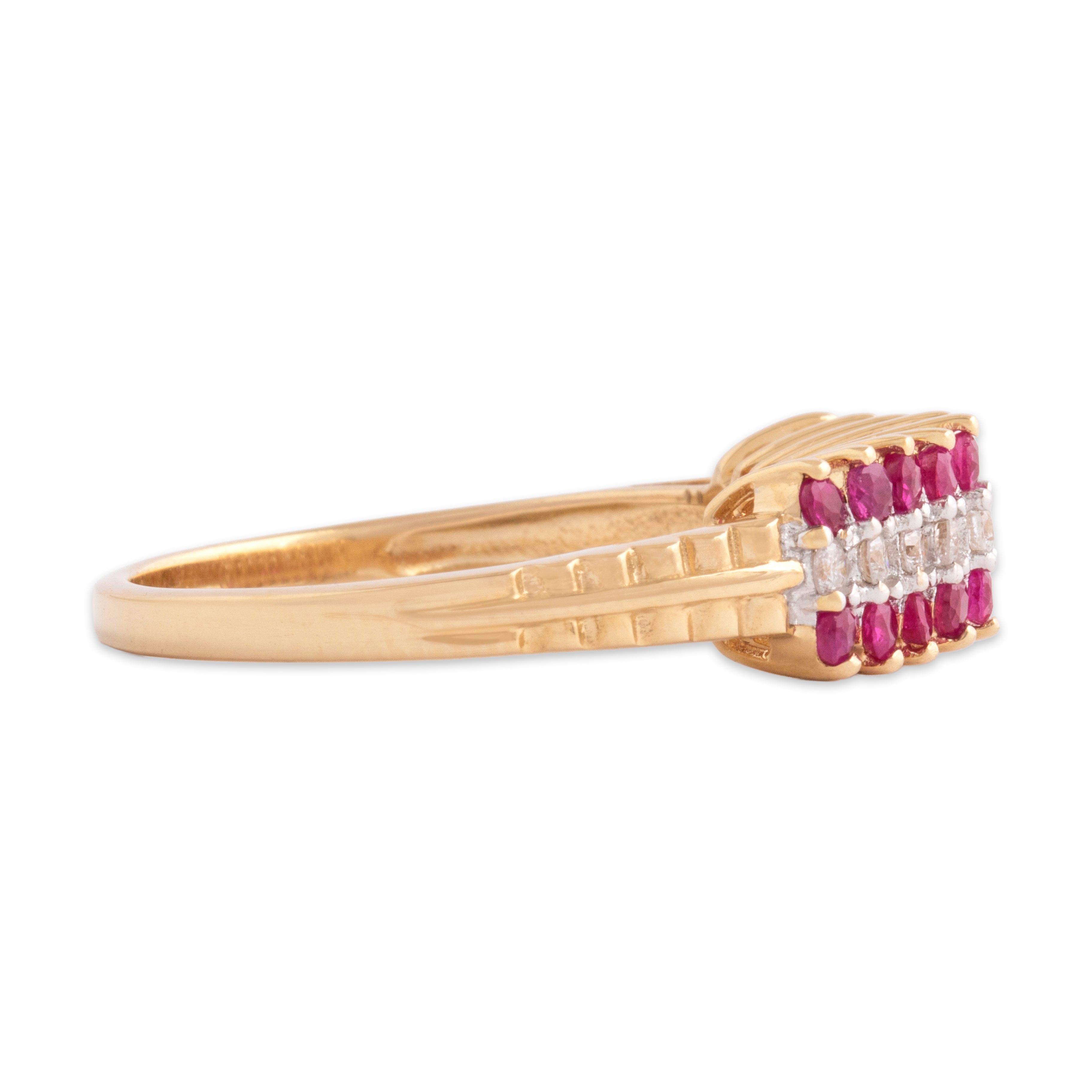 Vintage 14k Yellow Gold Ruby Diamond Architectural Chevron Line Ring - Side view