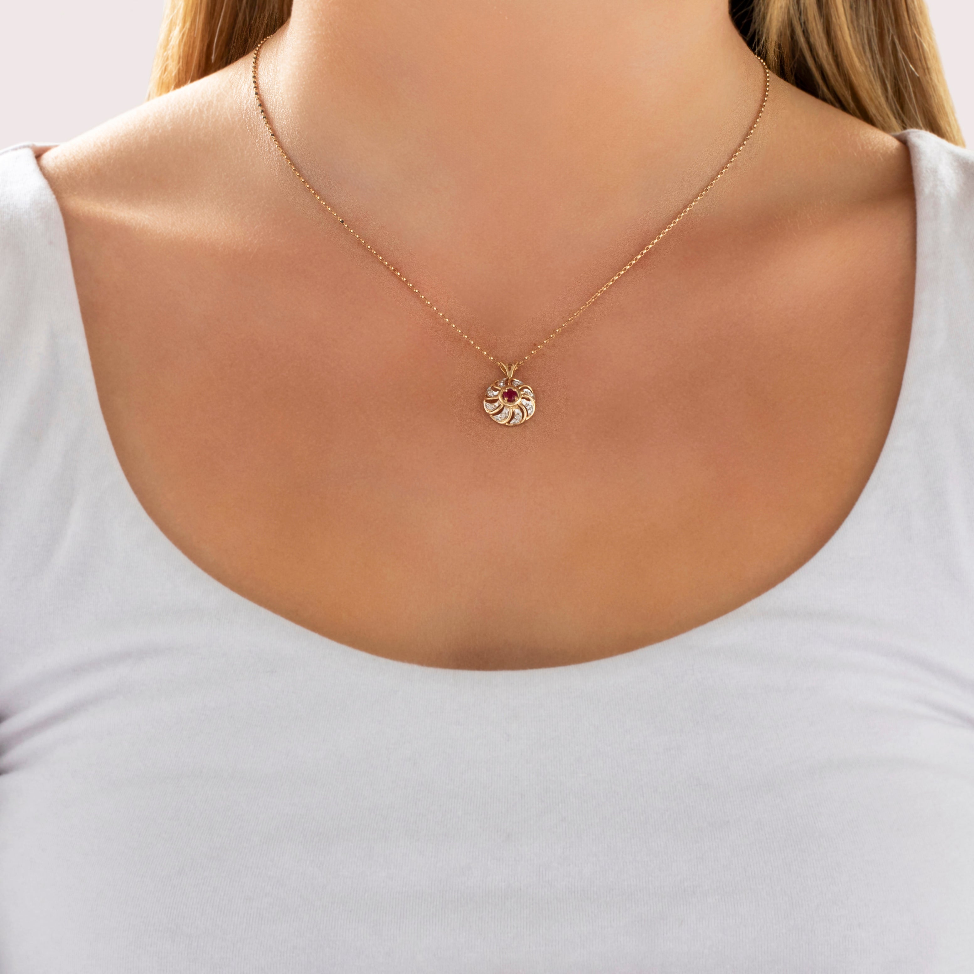 Vintage 14k Yellow & White Gold Ruby Diamond Playful Swirling Burst Pendant - On model view