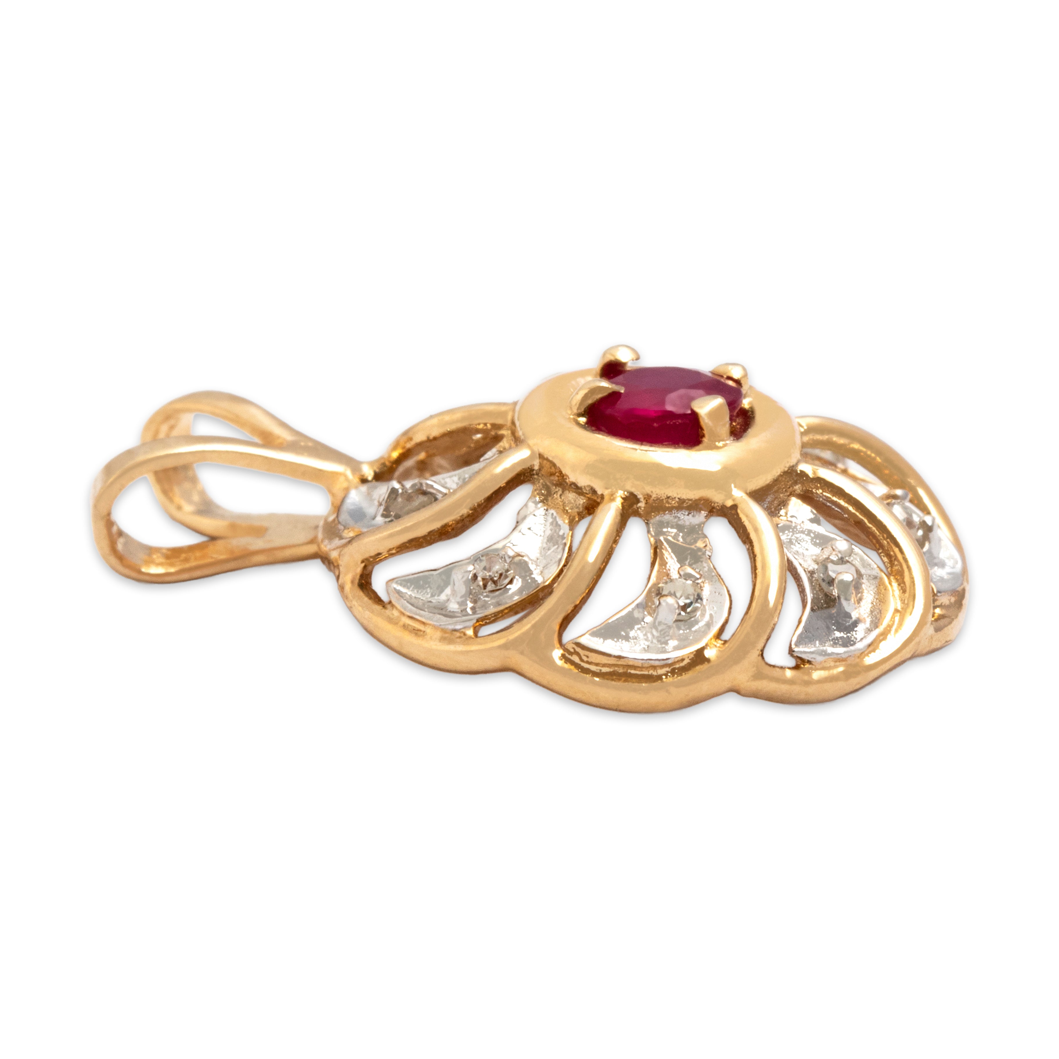 Vintage 14k Yellow & White Gold Ruby Diamond Playful Swirling Burst Pendant - Side view