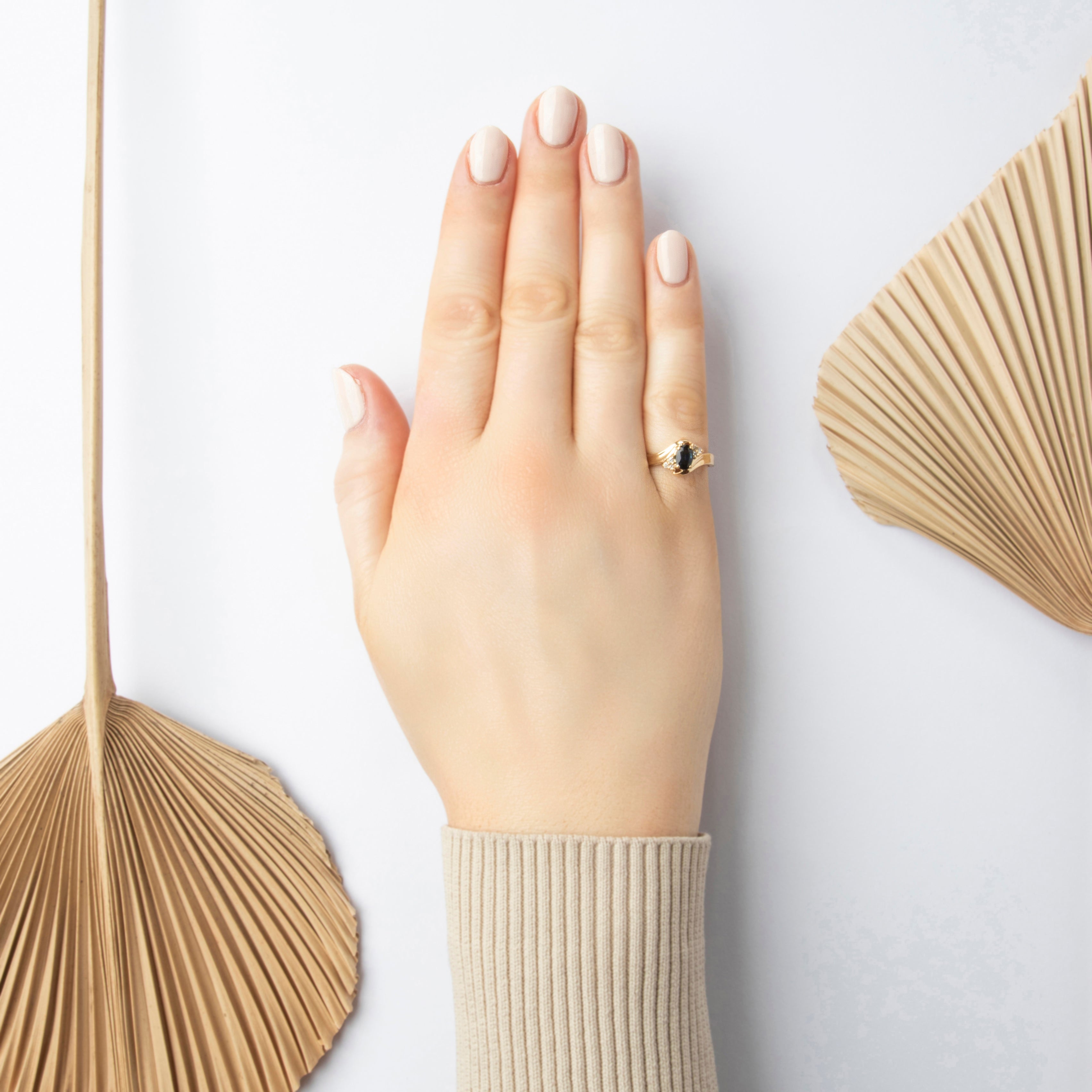 Vintage 14k Yellow Gold .59ct Blue Sapphire Diamond Stunning Dimensional Bypass Ring - On model view