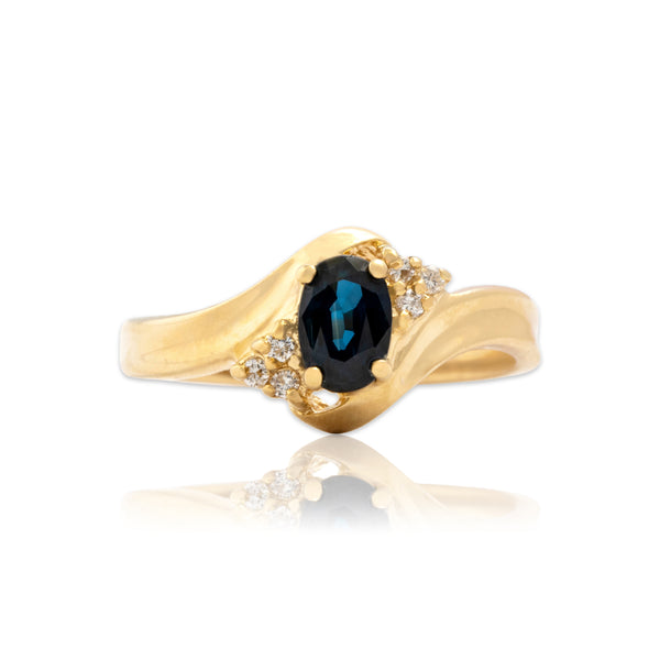 Vintage 14k Yellow Gold .59ct Blue Sapphire Diamond Stunning Dimensional Bypass Ring 5.75