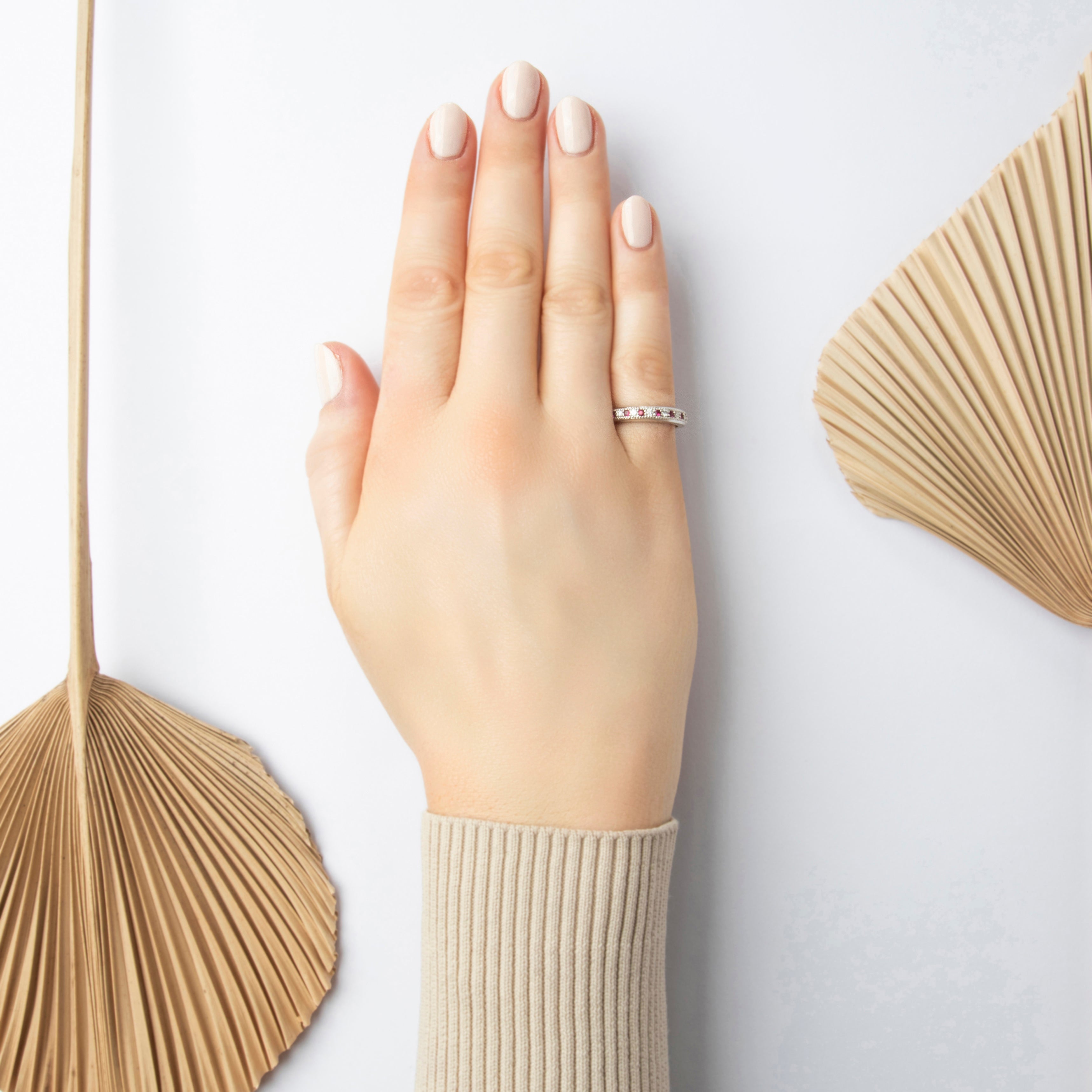 Vintage 14k White Gold Ruby Diamond Milgrain Alternating Band Ring - On model view