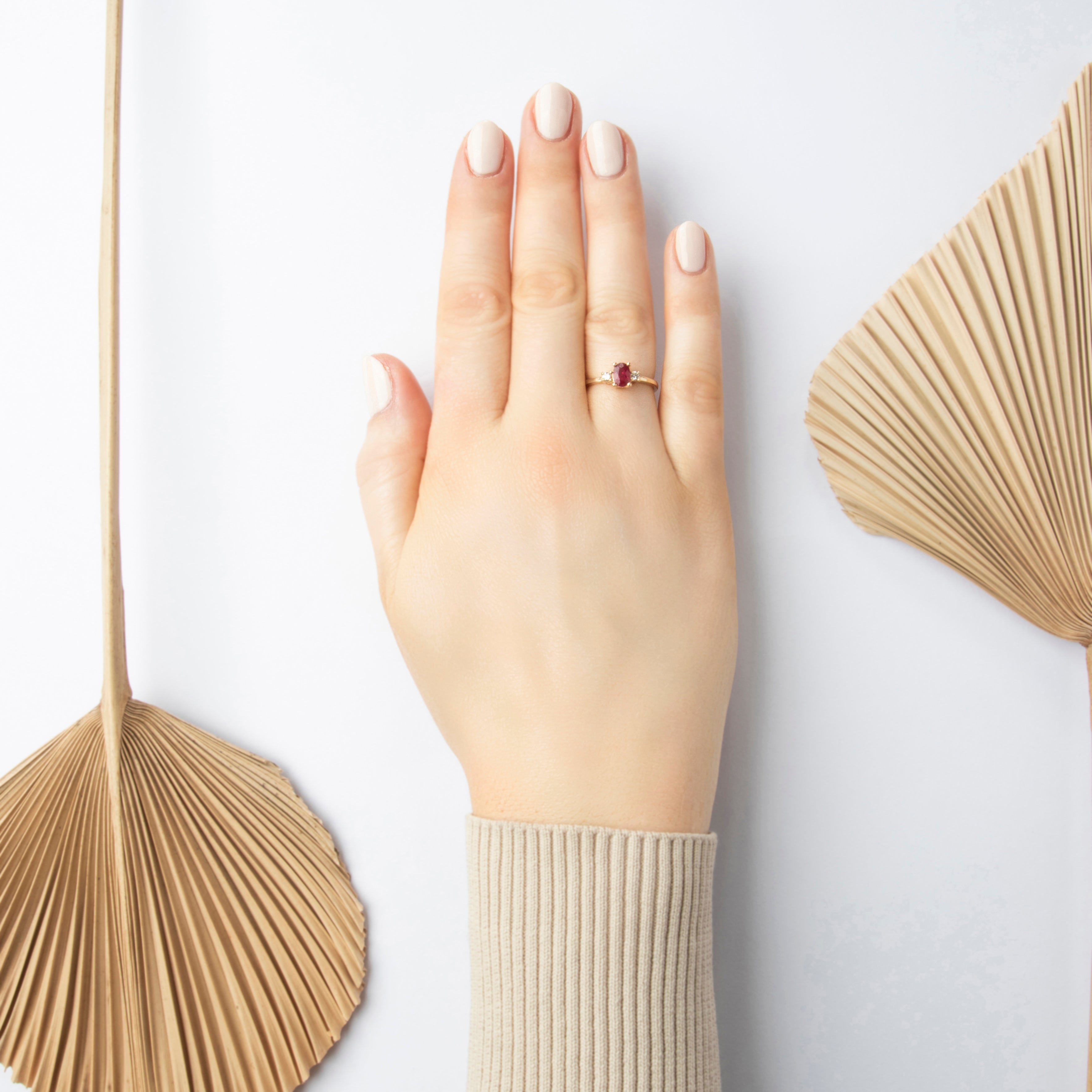 Vintage 14k Yellow Gold .57ct Ruby Diamond Refined Oval Trio Ring - On model view