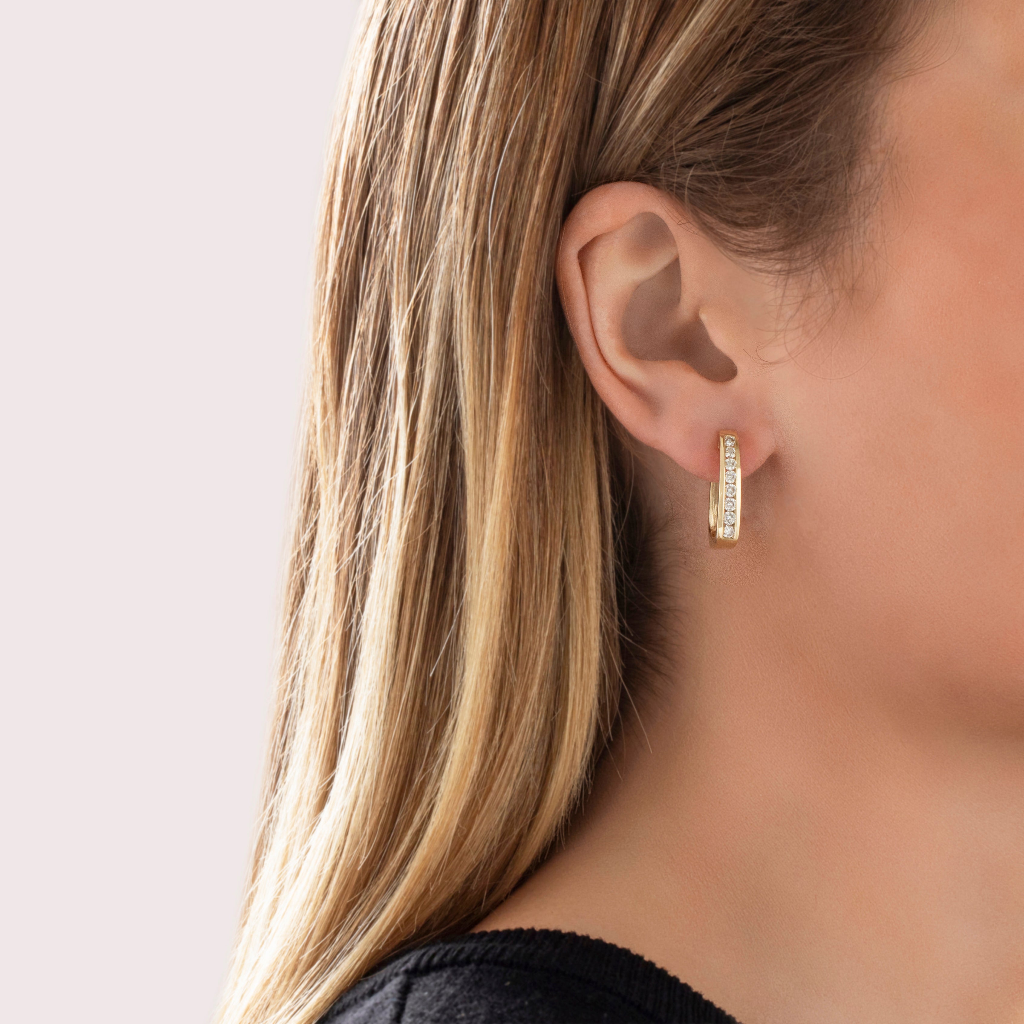 Vintage 14k Yellow Gold .85cttw Diamond Sparkling Channel Set Hoop Earrings- On model view